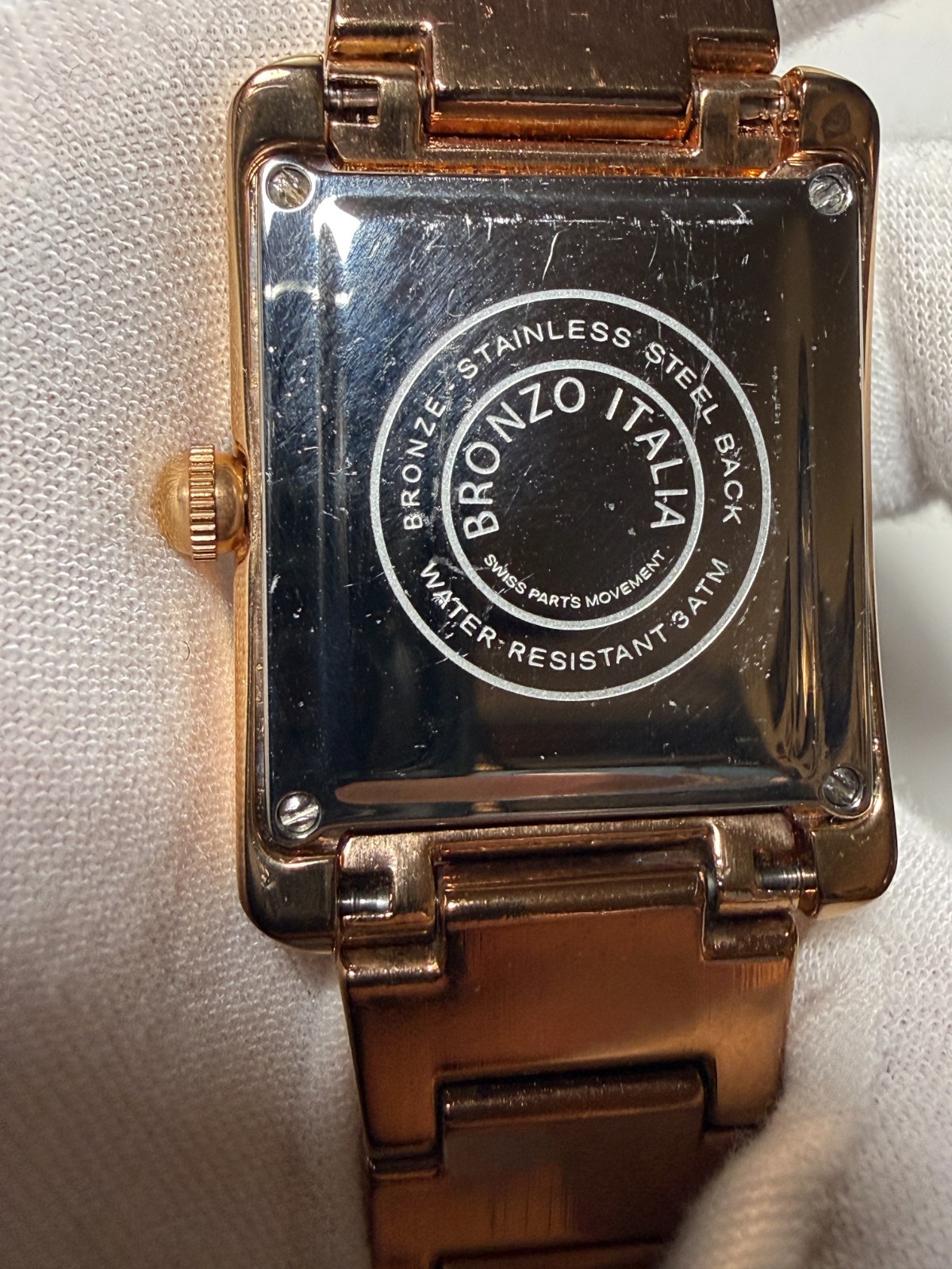 Bronzo Italia Rose Gold Tone Bronze MOP Dial Link Watch Tank Style Swiss 36x28mm
