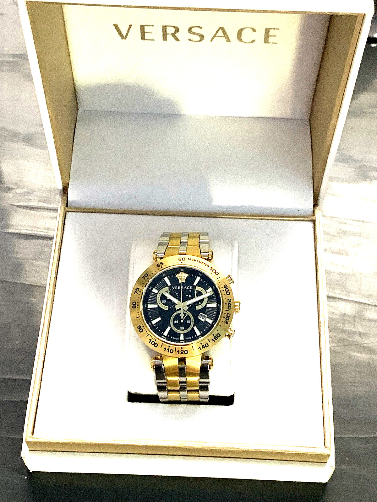 Versace Men’s Watch VEJB00622 Swiss Quartz Chronograph Black Dial Two Tone Steel