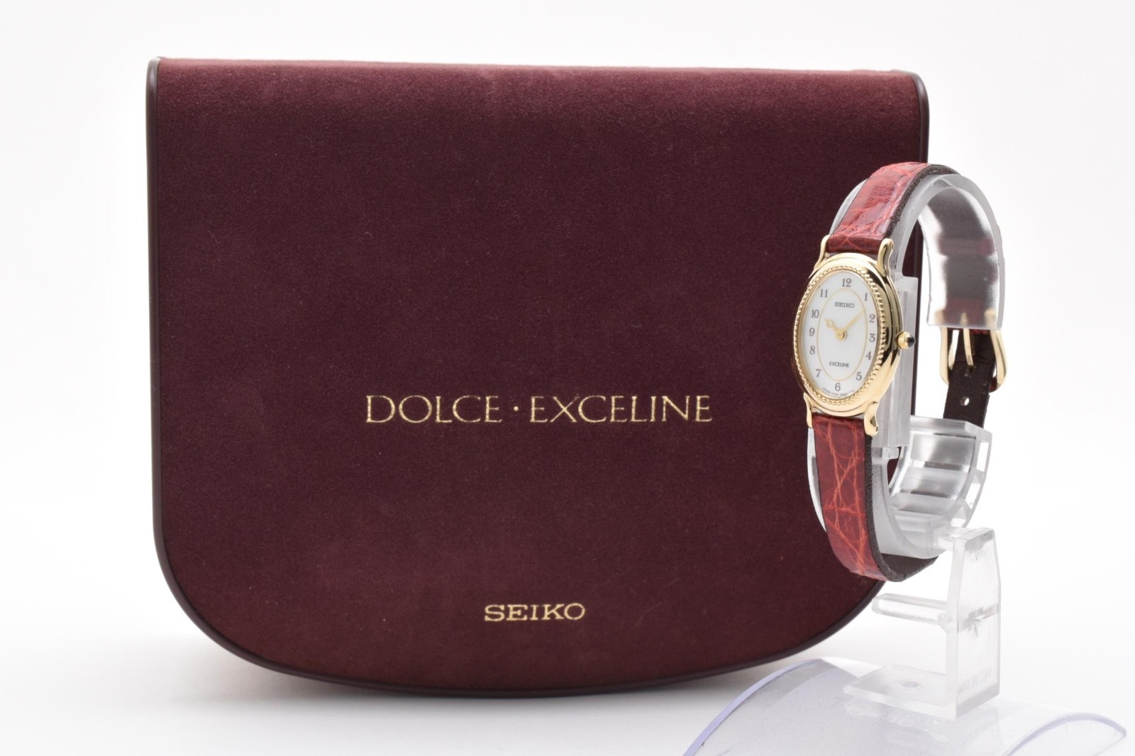 [Mint] SEIKO Exceline 1F20-6A4A Gold MOP Dial Red Leather Quartz Women’s Watch