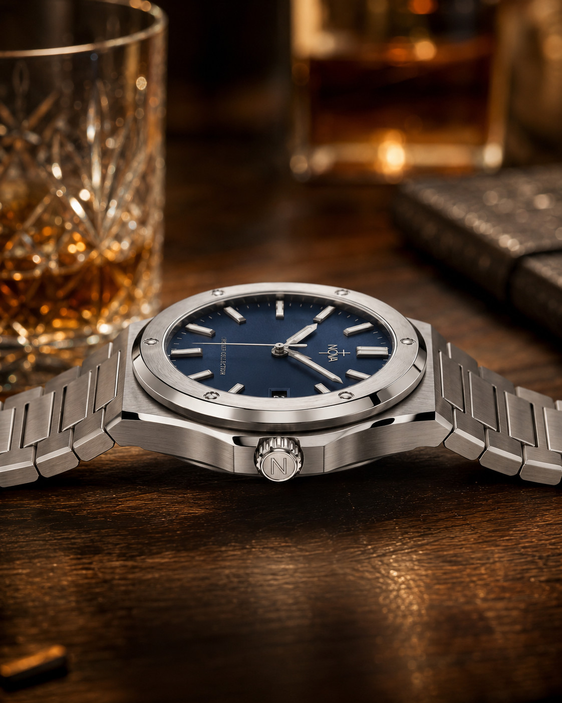 Nova Christian Chosen Custom Watch Blue Dial Steel Bracelet Date