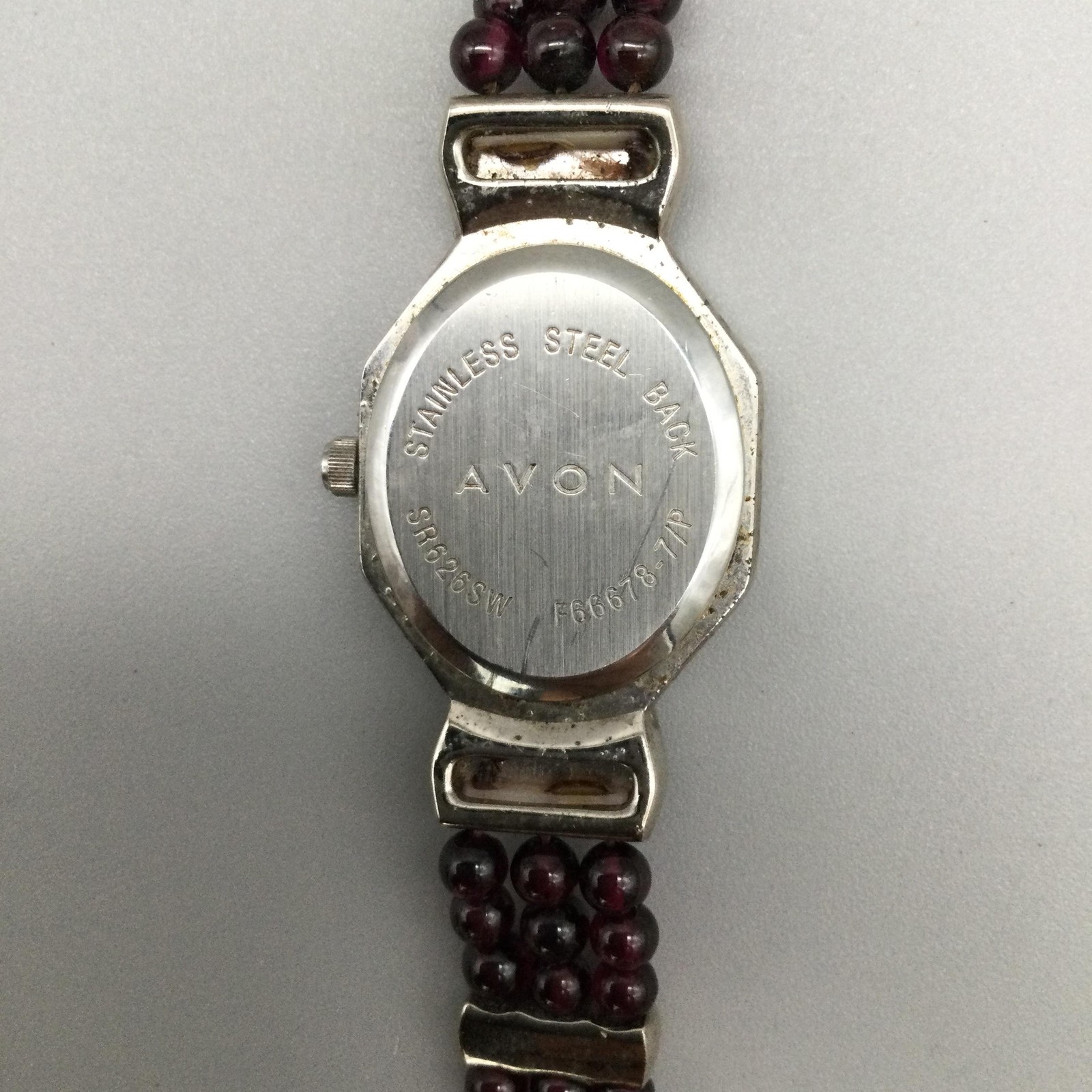 Avon Womens Watch 23mm Marcasite Red Bead Bracelet Silver Tone New Battery 6.5″
