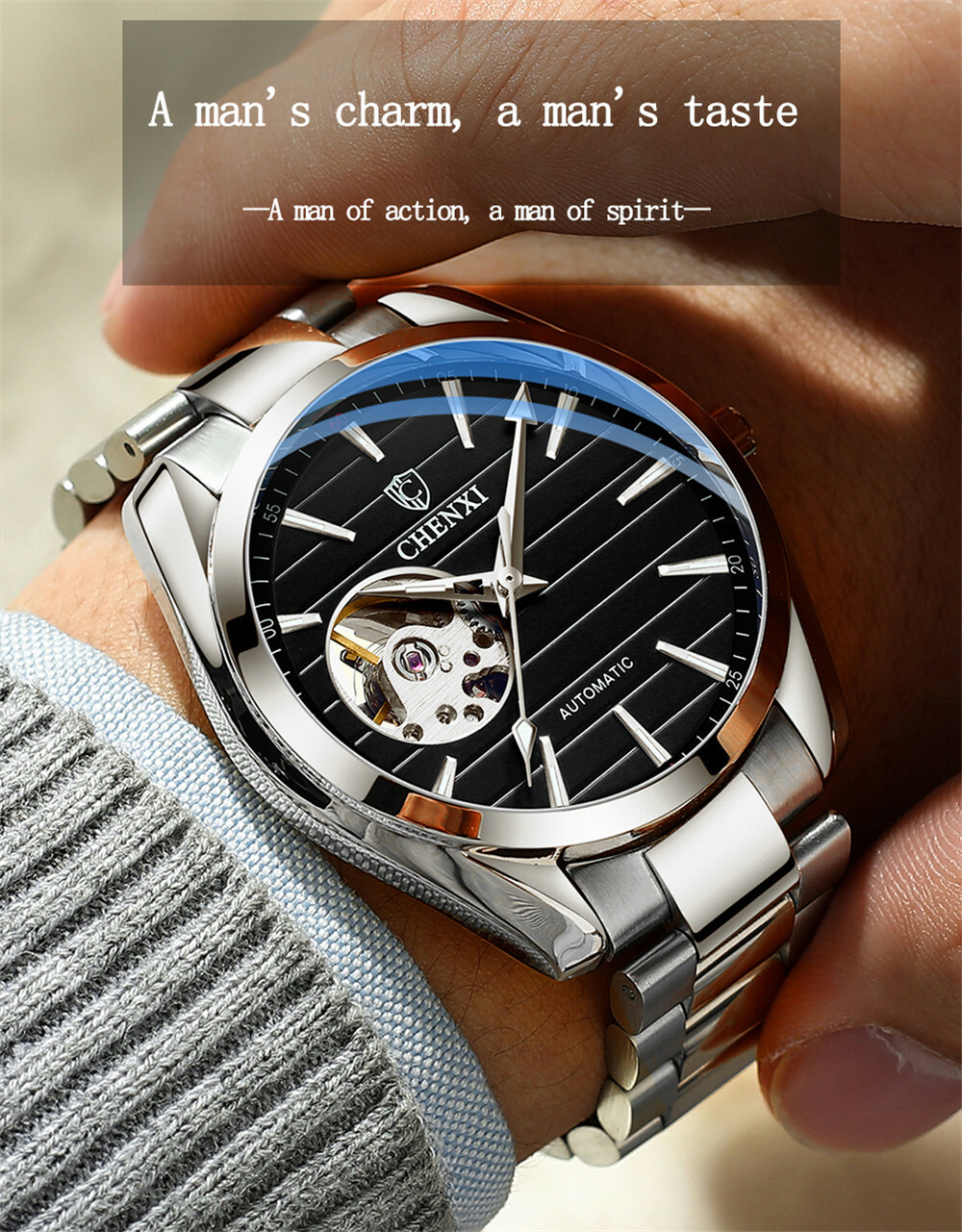 CHENXI Men Mechanical Automatic Stainless Steel Hollow Business Wrist Watches