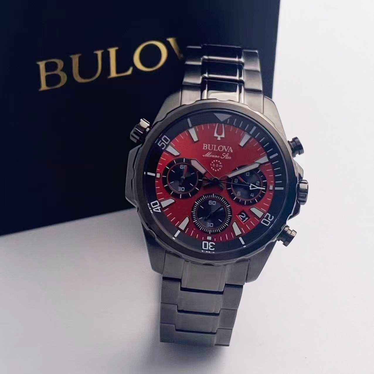 Bulova Marine Star 98B350 Men’s Chronograph Quartz Watch Red Dial Stainless 43mm