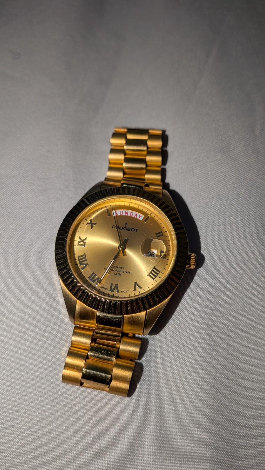 Peugeot 14K All Gold Plated Day Date Roman Numerals Man’s Watch 1029WT