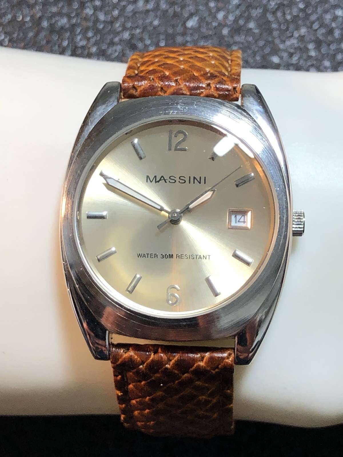Massini Watch Silver Tone Brown Leather Band Japan Quartz,Date,35mm New Battery