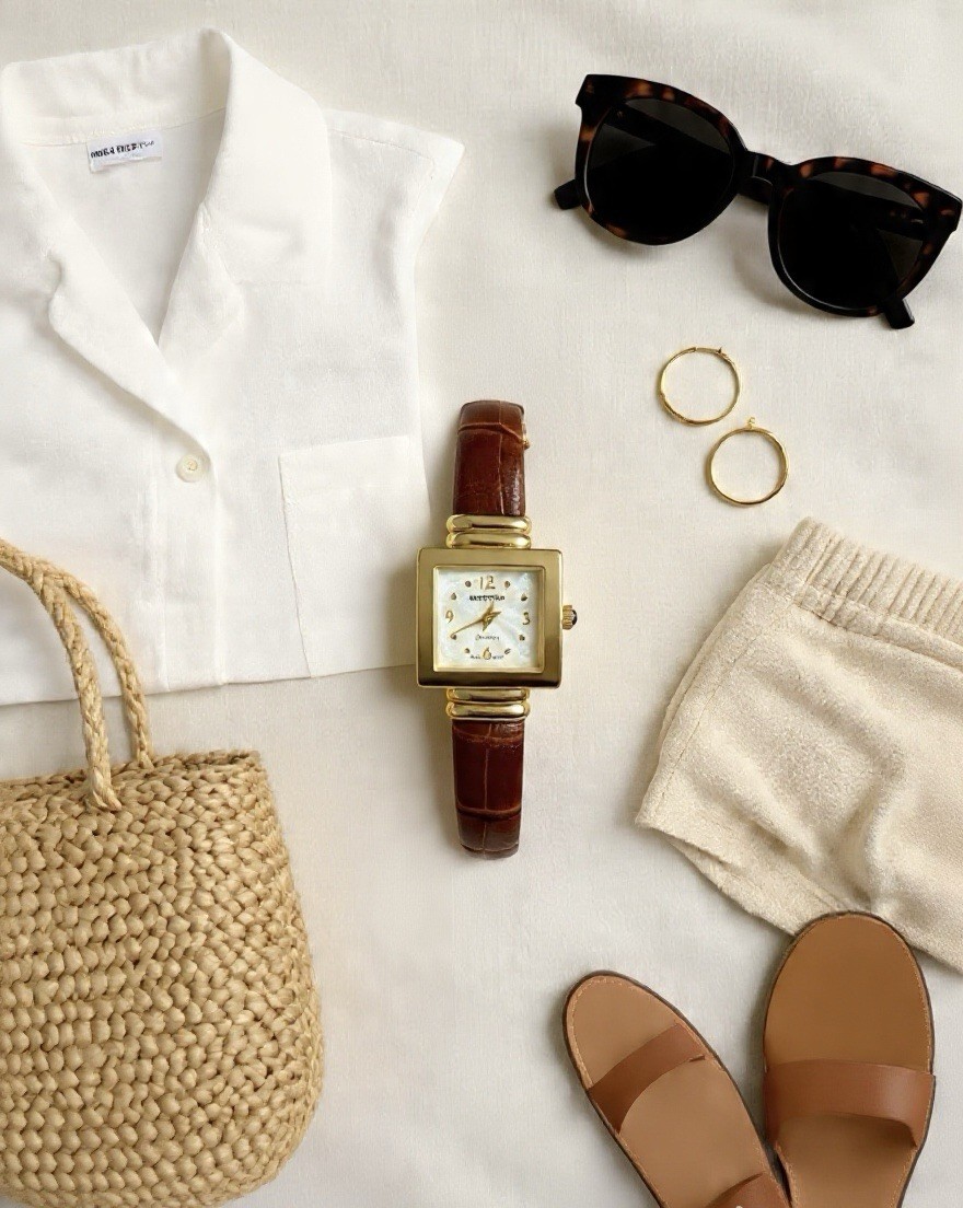 Vintage Gold Square Watch Brown Leather Mother of Pearl MOP Dial Dainty Minimal