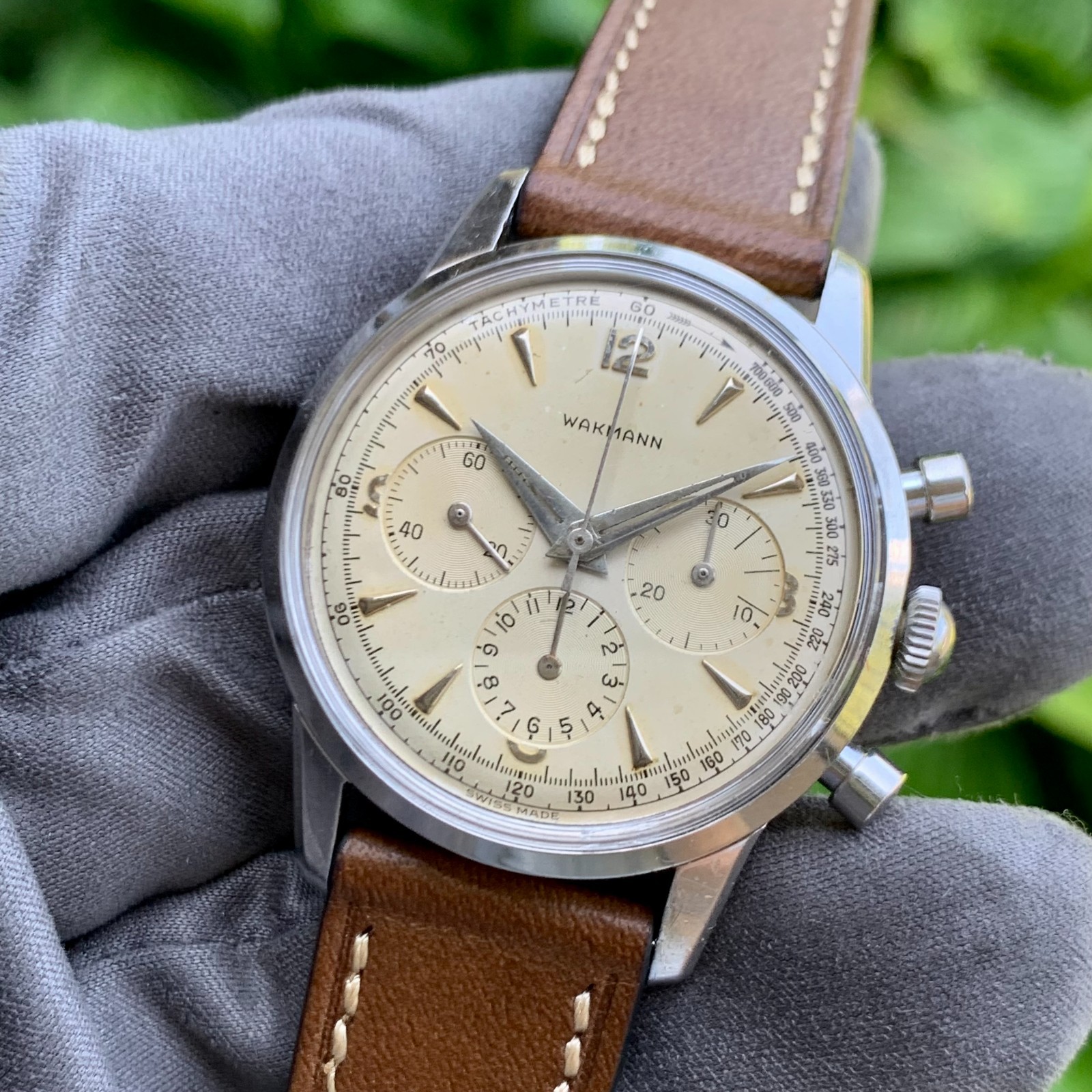 Vintage Wakmann Three Register Stainless Steel Chronograph Wristwatch