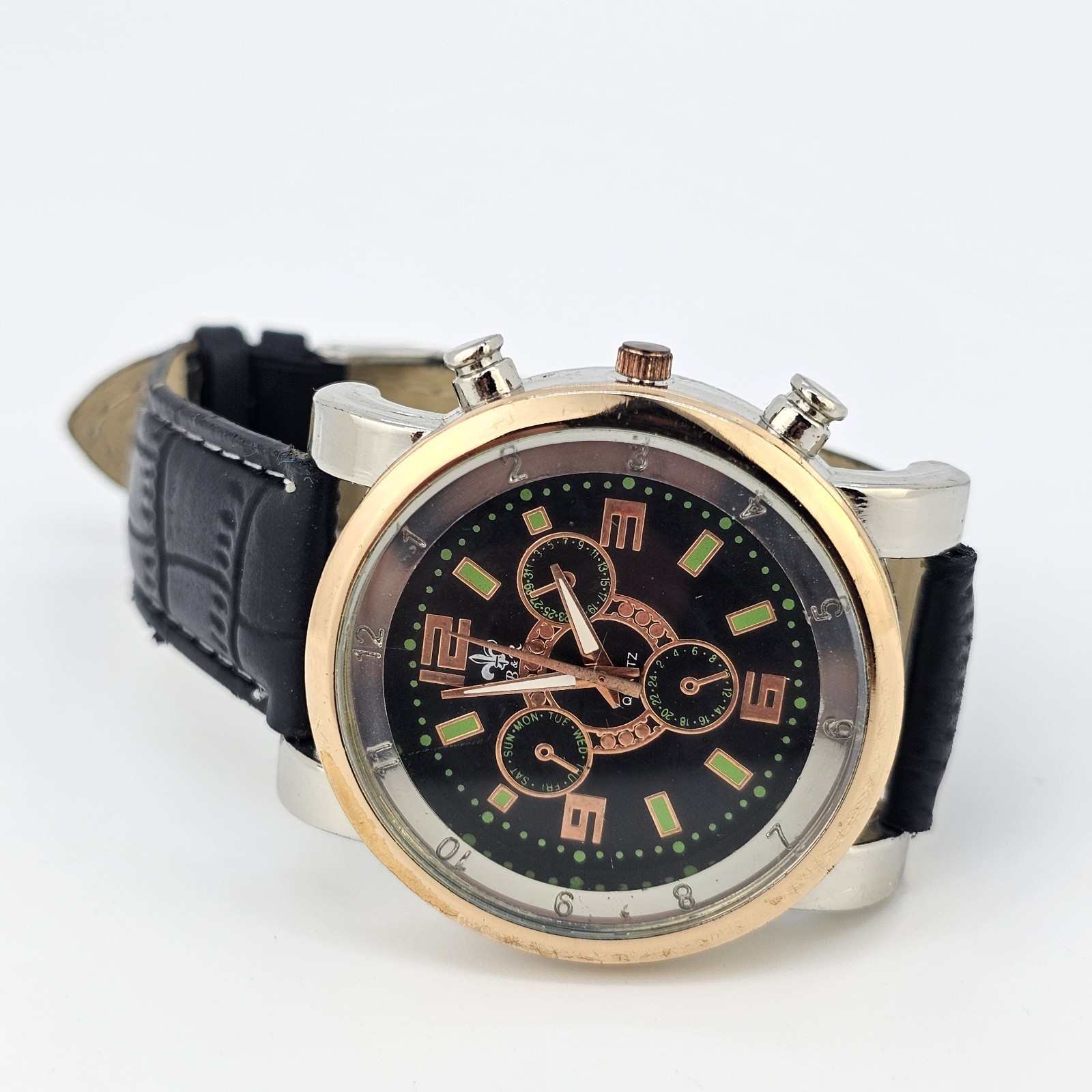 Men’s Analog Watch 43MM Black Dial Black Faux Leather Bands New Battery