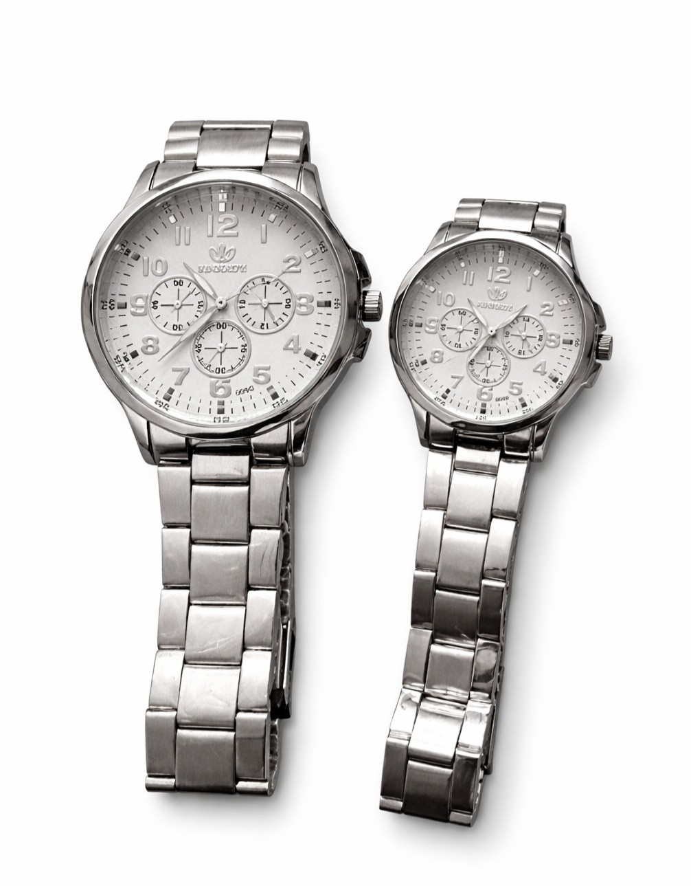 2pcs V6 Chronograph Date Analog Wristwatch Silver Metal Band Polished Round Dial