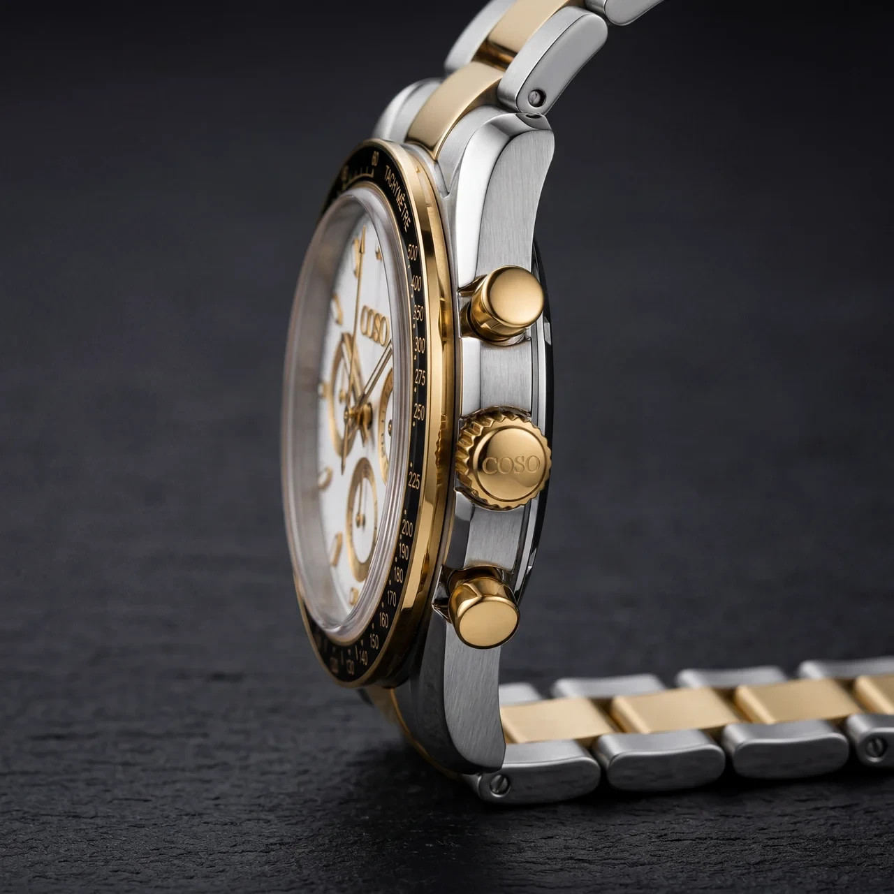 COSO Torvex Chronograph Watch White Dial Gold Sub-dials Two-Tone Bracelet