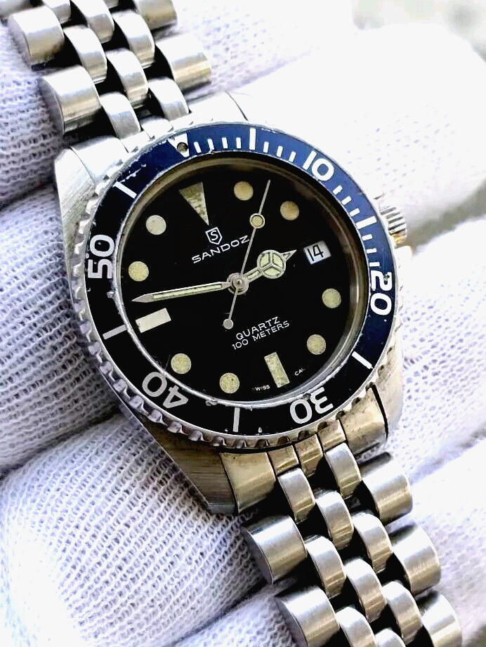 Vintage SANDOZ 1817Z Scuba Diver 100M Quartz Jubilee Bracelet Swiss Men’s Watch
