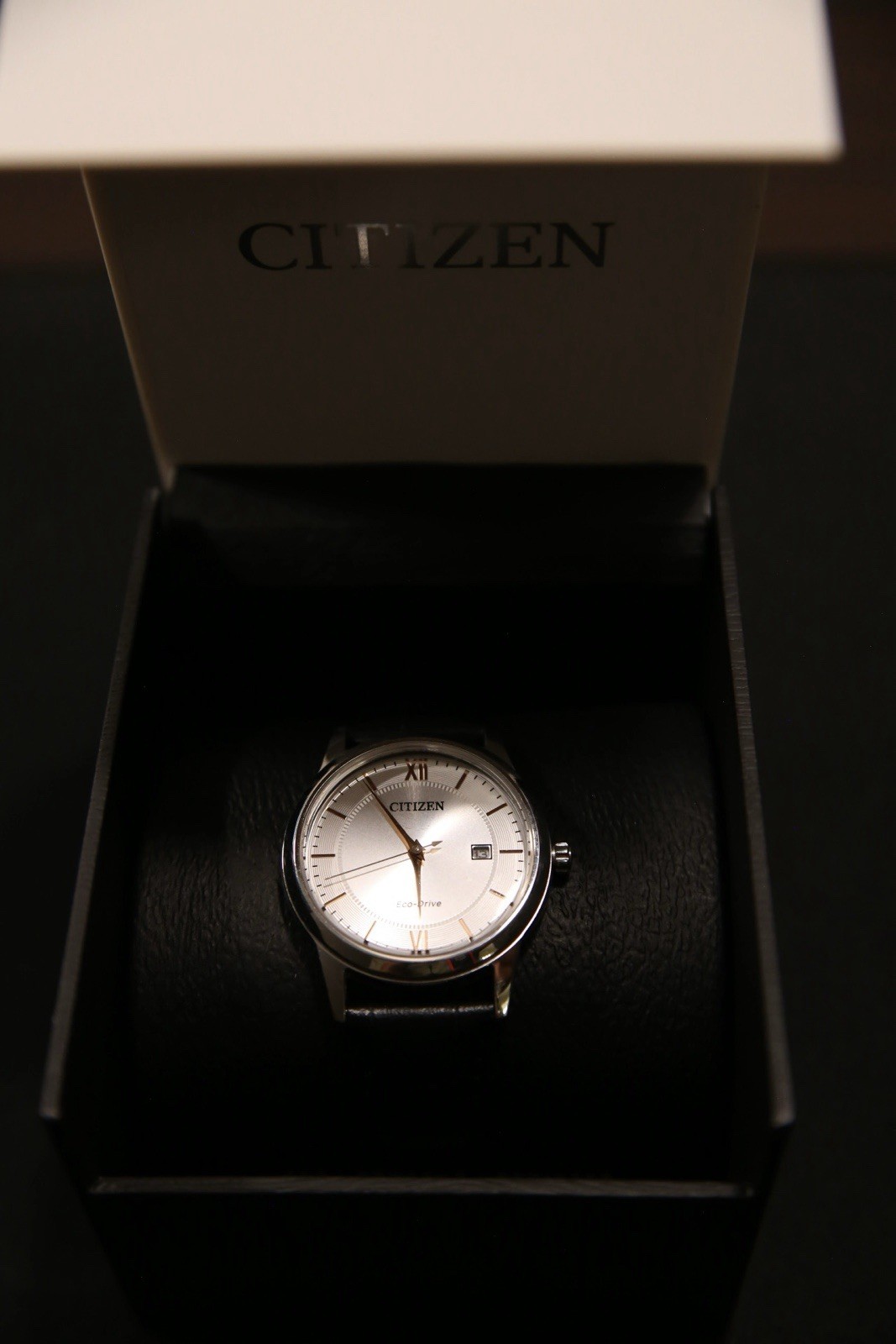 Citizen Eco-Drive Men’s 40mm Silver Dial Black Leather Date w/Box
