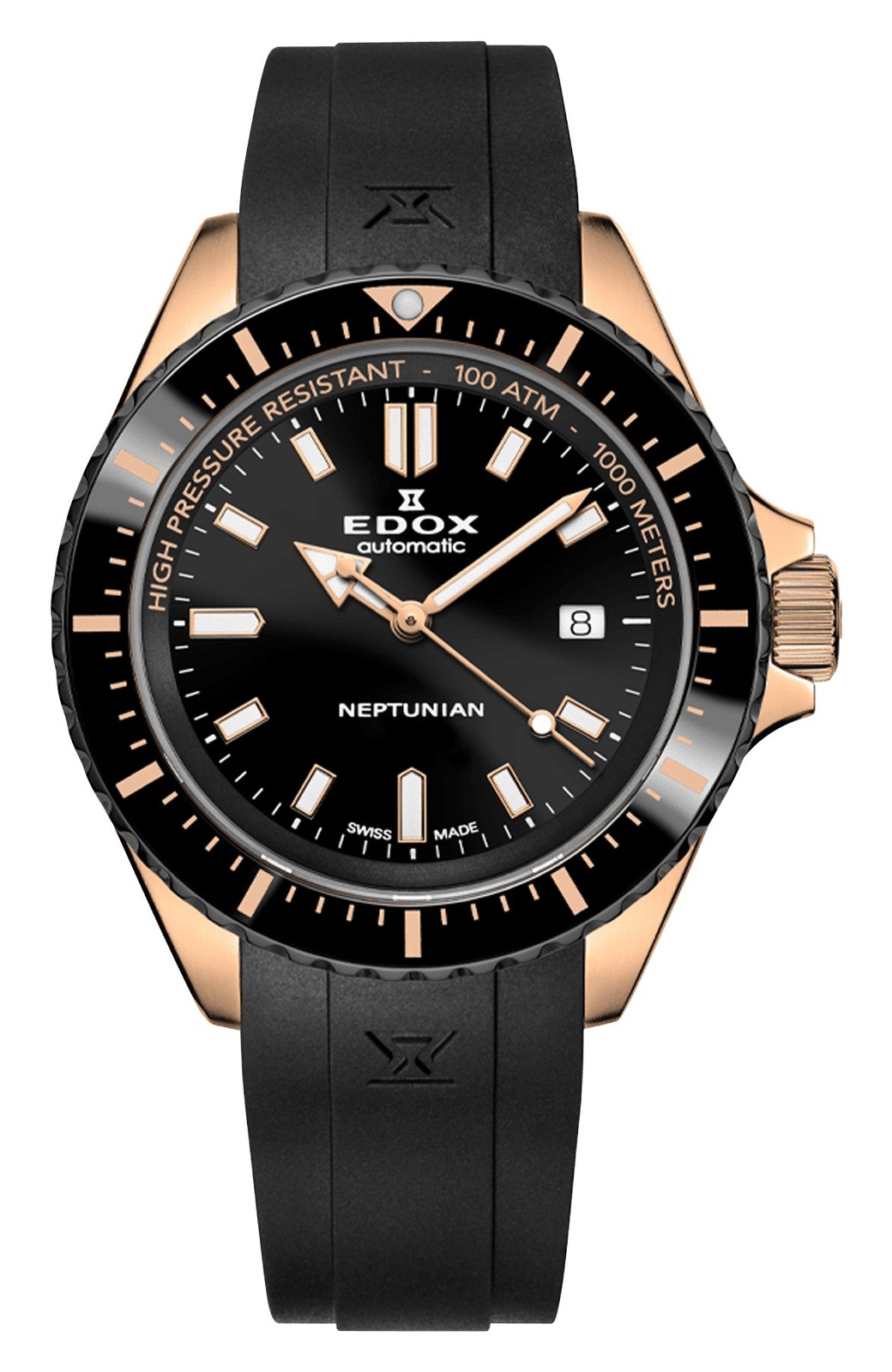 Edox Neptunian Automatic Rose Gold PVD Rubber Diver Mens Watch 80120-37RNNCA-NIR