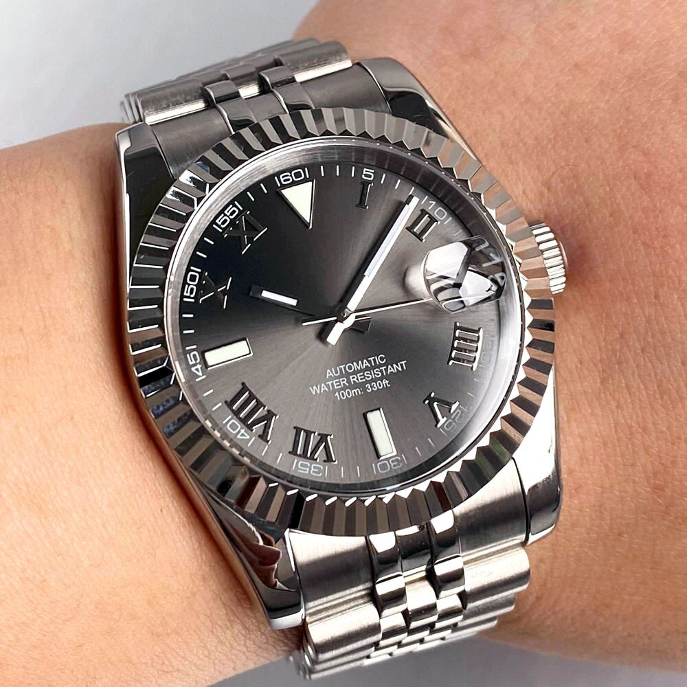10ATM New Black Gray Fluted 39mm Sapphire Crystal Glass NH35 Automatic Men Watch