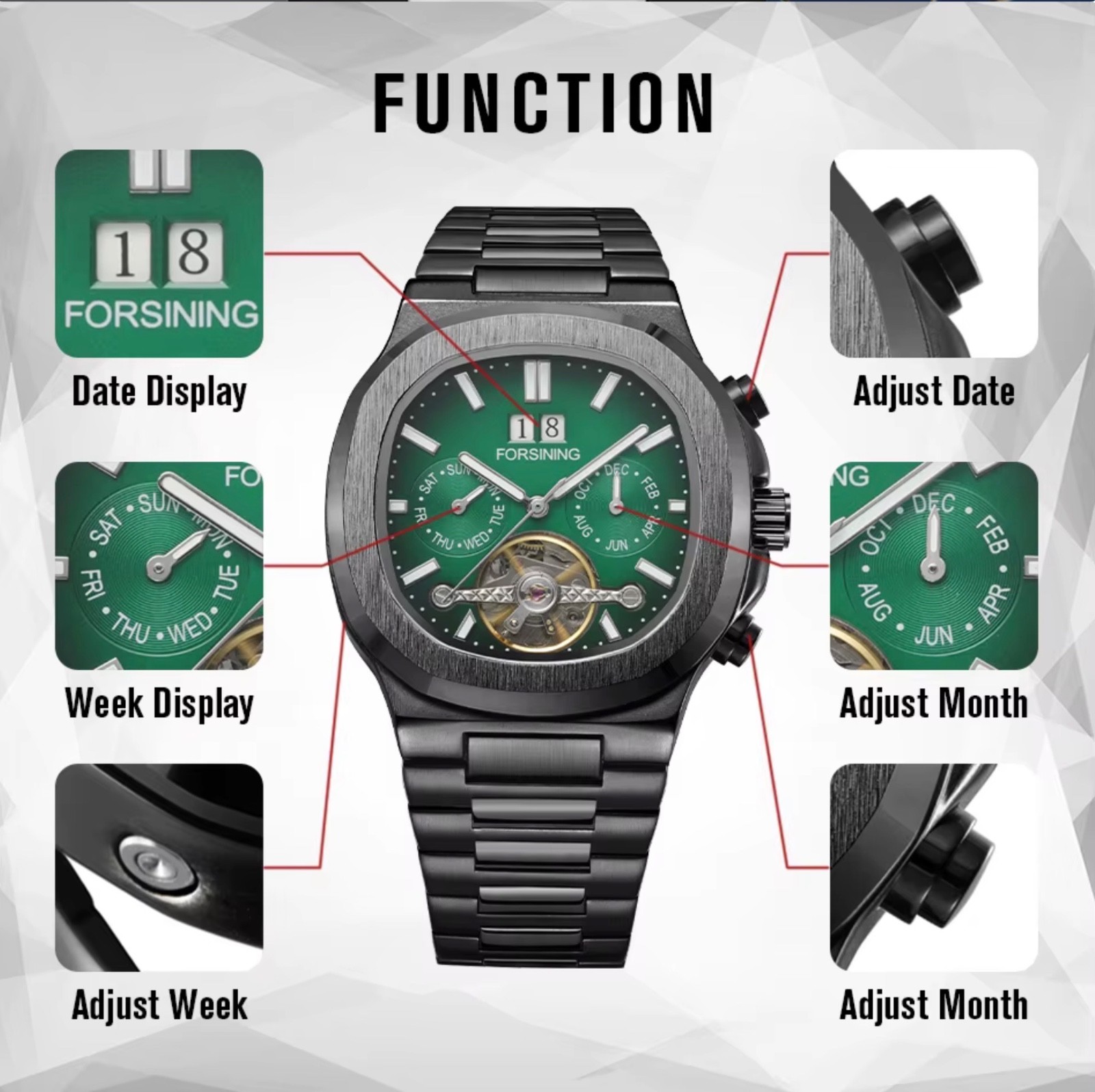 FORSINING Brand Tourbillon Men’s Automatic Mechanical Stainless Steel Band Watch