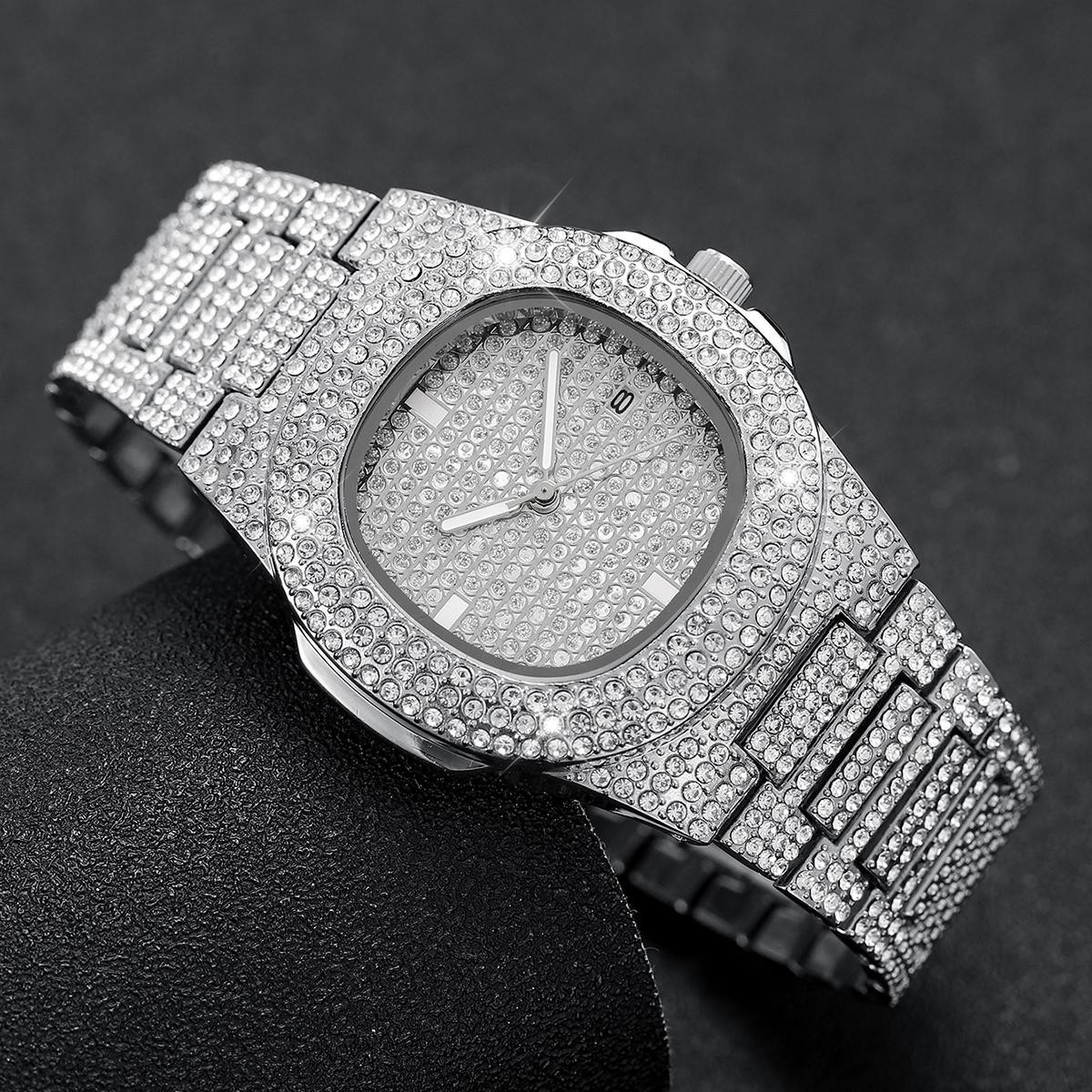 Luxury Full Diamond Men’S Stainless Steel Watches Male Sports Quartz Wristwatch