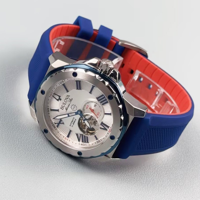 Bulova Marine Star A 98A225 Automatic Men’s Watch White Dial Rubber Strap 45mm