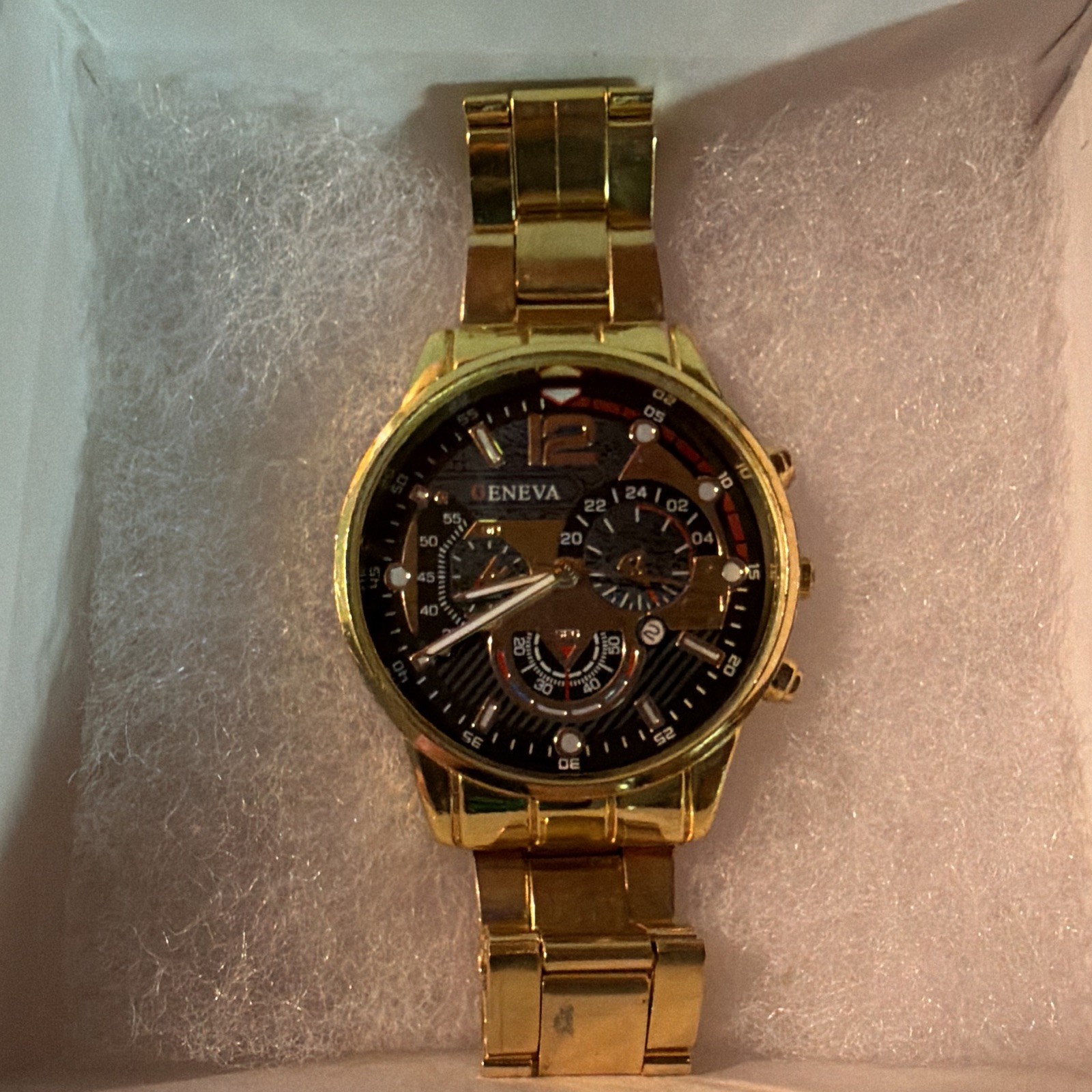 Geneva Men’s Gold Tone Quartz Bracelet Watch Black Dial Date 24-Hour Analog