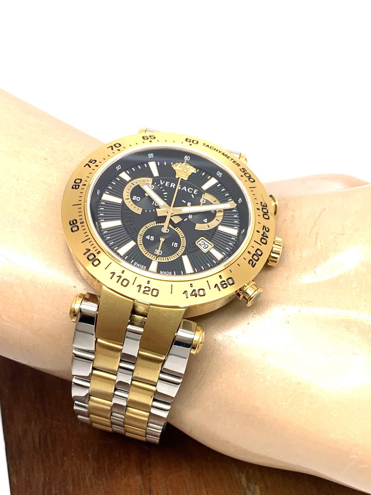 Versace Men’s Watch VEJB00622 Swiss Quartz Chronograph Black Dial Two Tone Steel