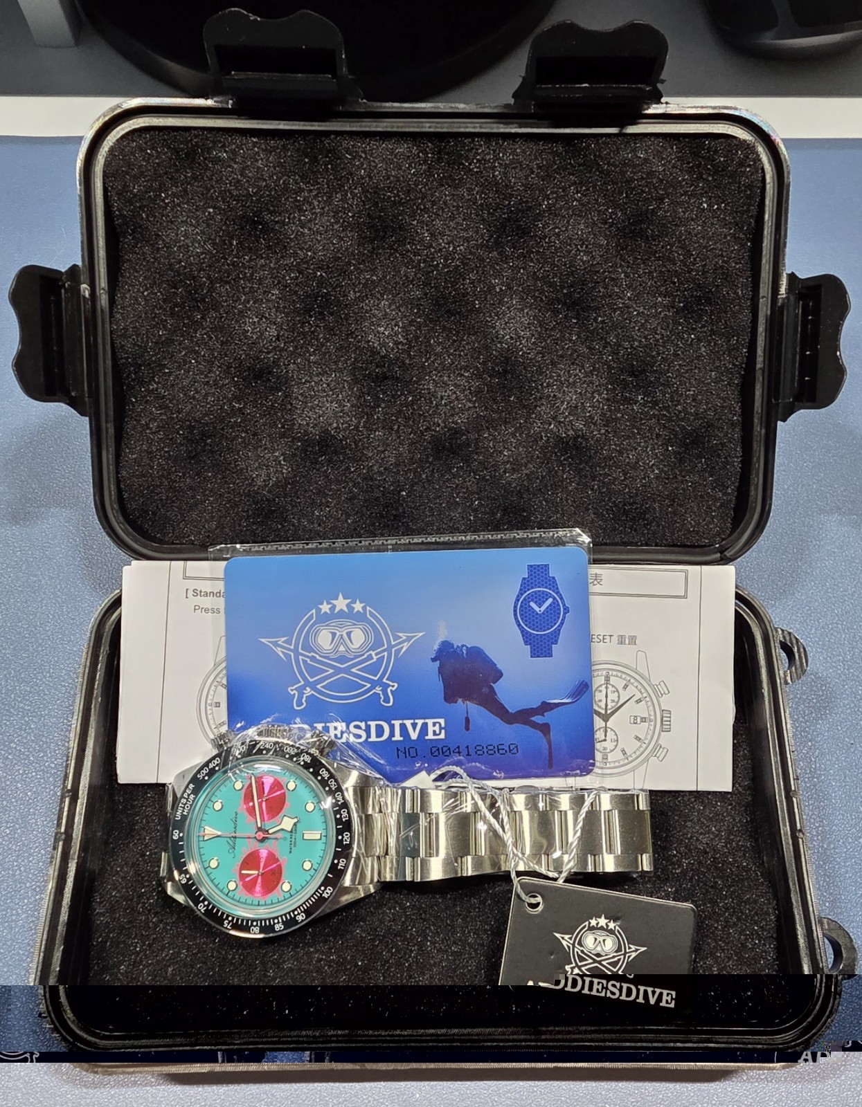ADDIESDIVE AD2520 Men’s Chronograph Watch VK64 Quartz 40mm 100m Blue Pink New