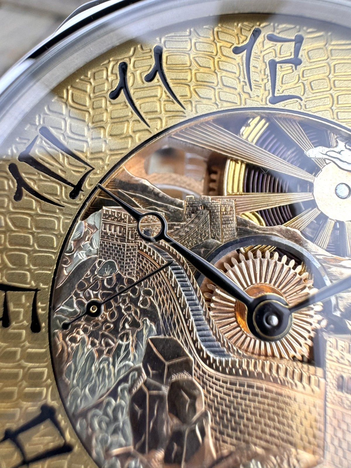 Skeleton Watch Hand Engraved & Vintage Swiss Pocket Watch Movement China, 48mm