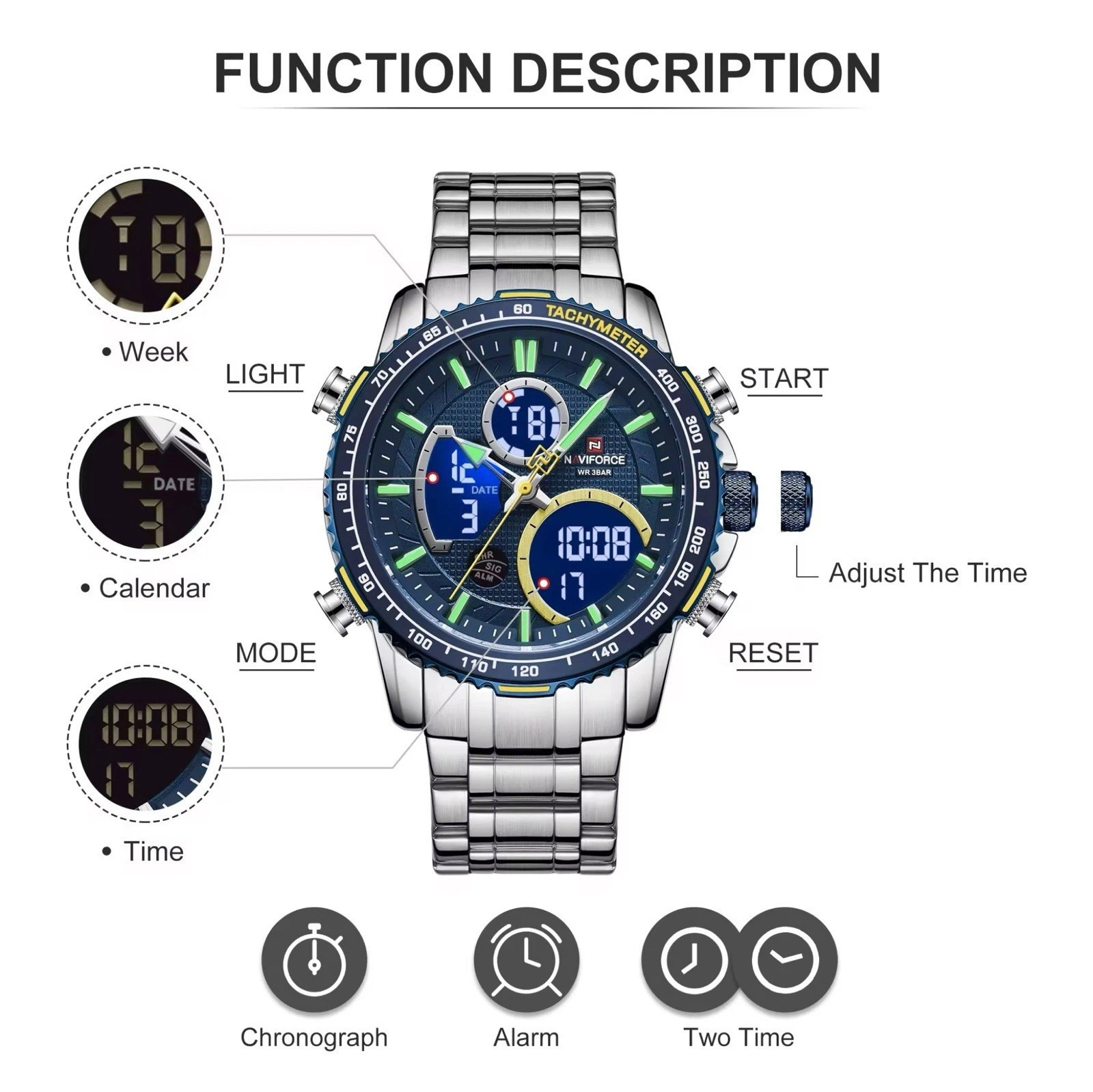NAVIFORCE New Stylish Dual Display Watch in Stainless Steel For Men