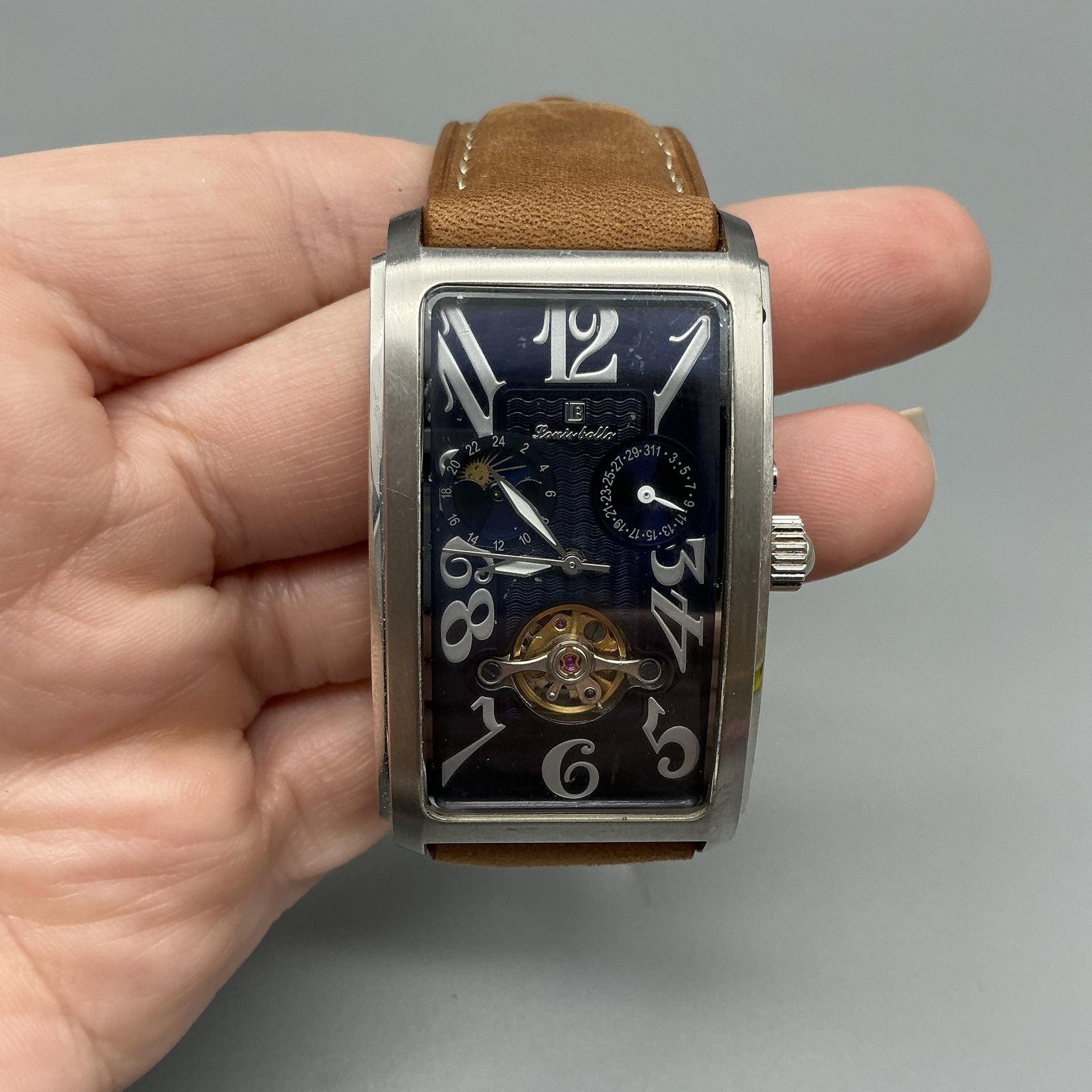Louis Bolle A-5018-780 Mens Watch 27mm Day Night Date Tank Leather Automatic