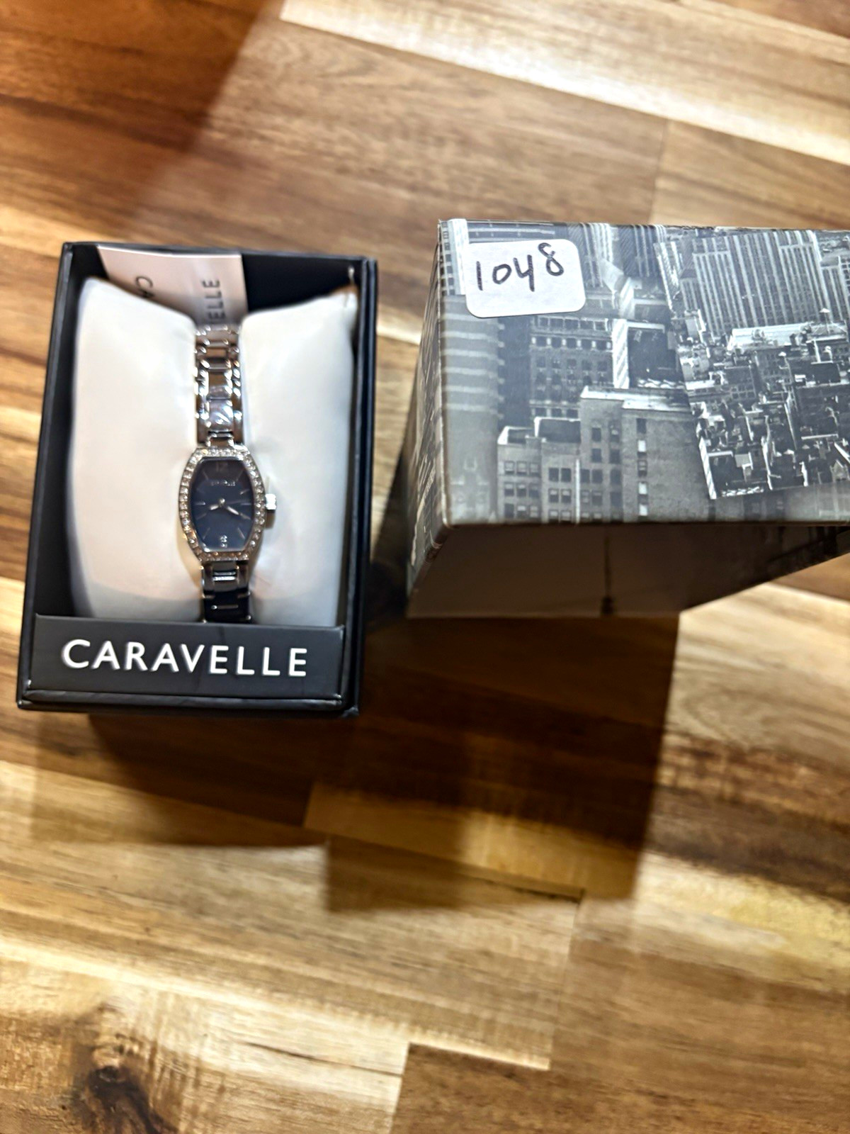 Caravelle Women’s Quartz Tonneau Analog Gray Dial Gem-Set Bezel Silver Box