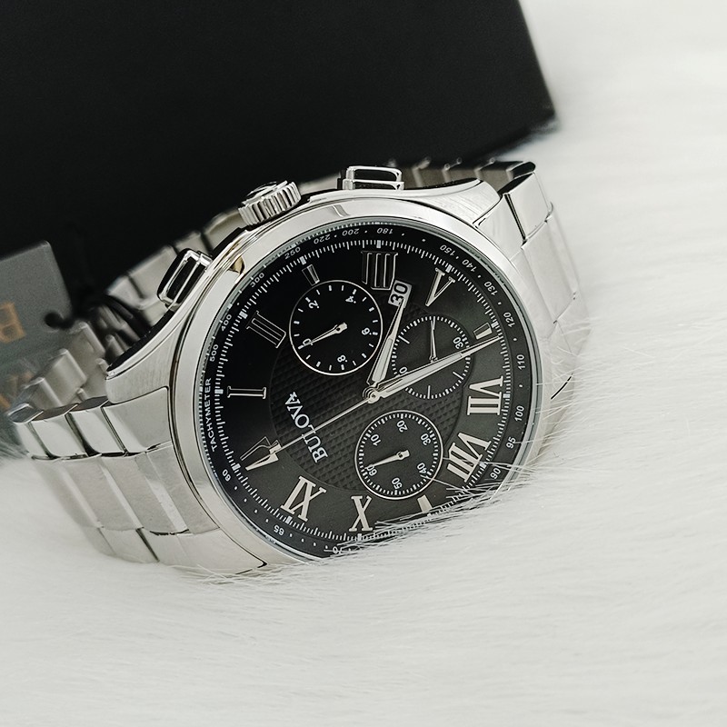 Men Bulova Wilton Black Dial Stainless Steel Classic 96B288 Quartz Watch 46.5mm
