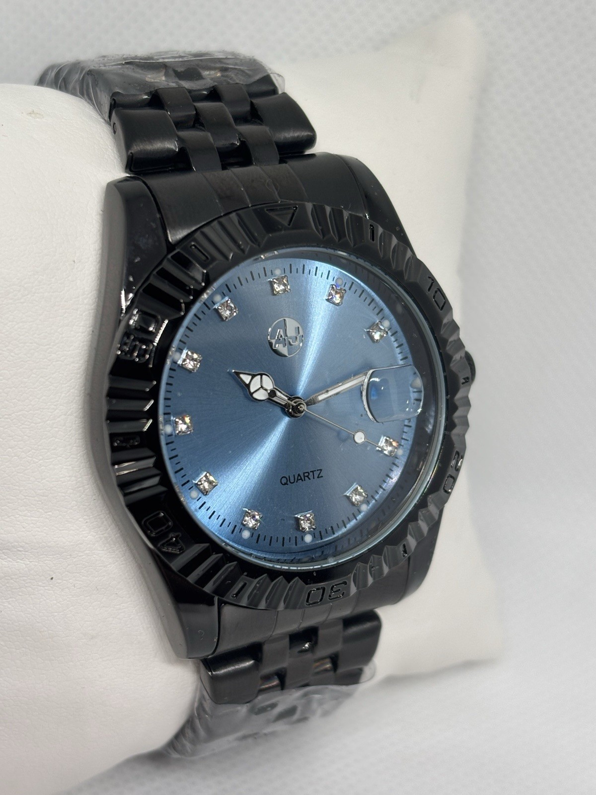 Mens Black Stainless Steel Blue Dial Quartz Watch Date Display New