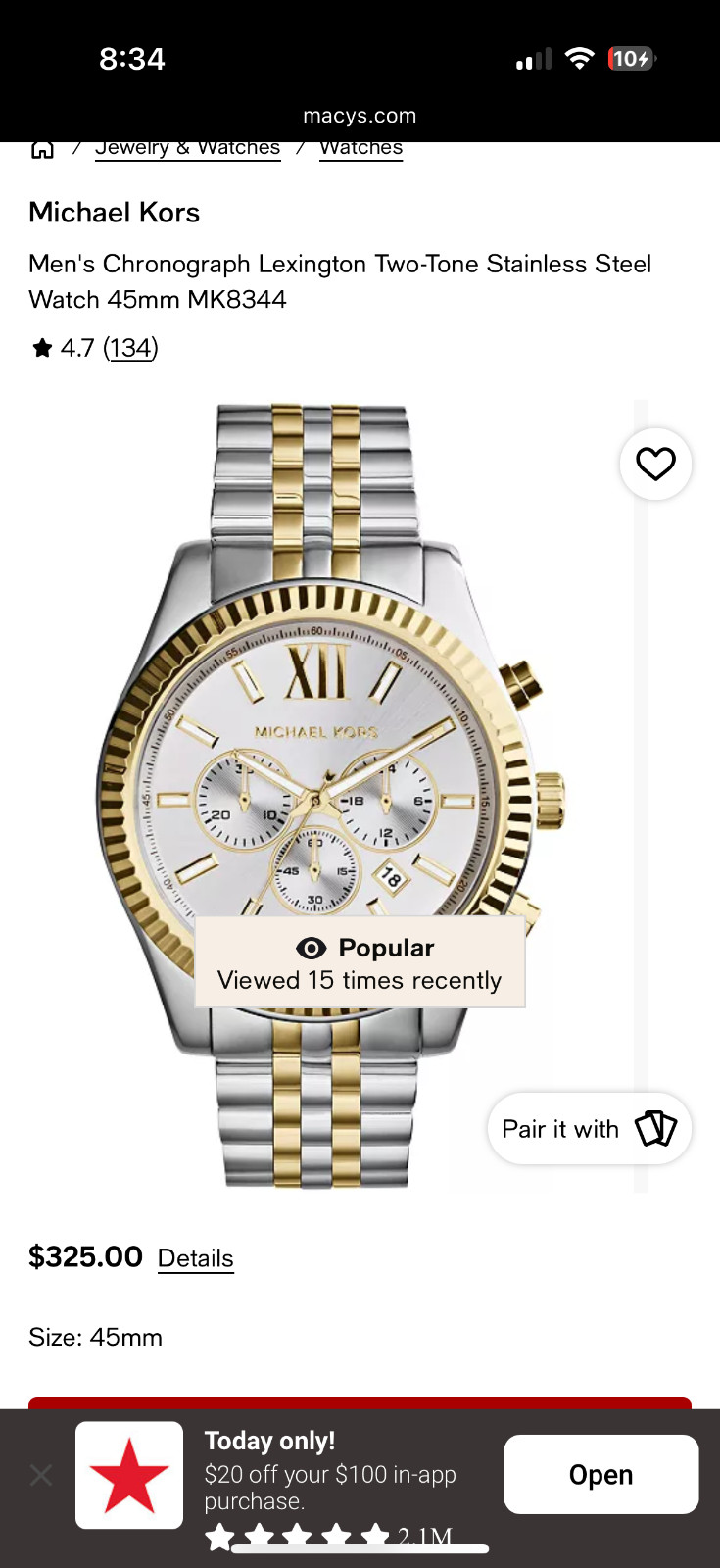 Michael Kors Lexington 44mm Silver Stainless Steel Case with Silver/Gold…