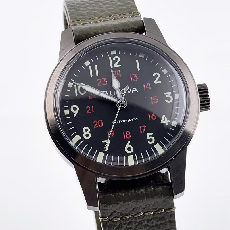 Bulova Hack 98A255 Black Dial Green Leather Strap Men’s Automatic Watch 38MM
