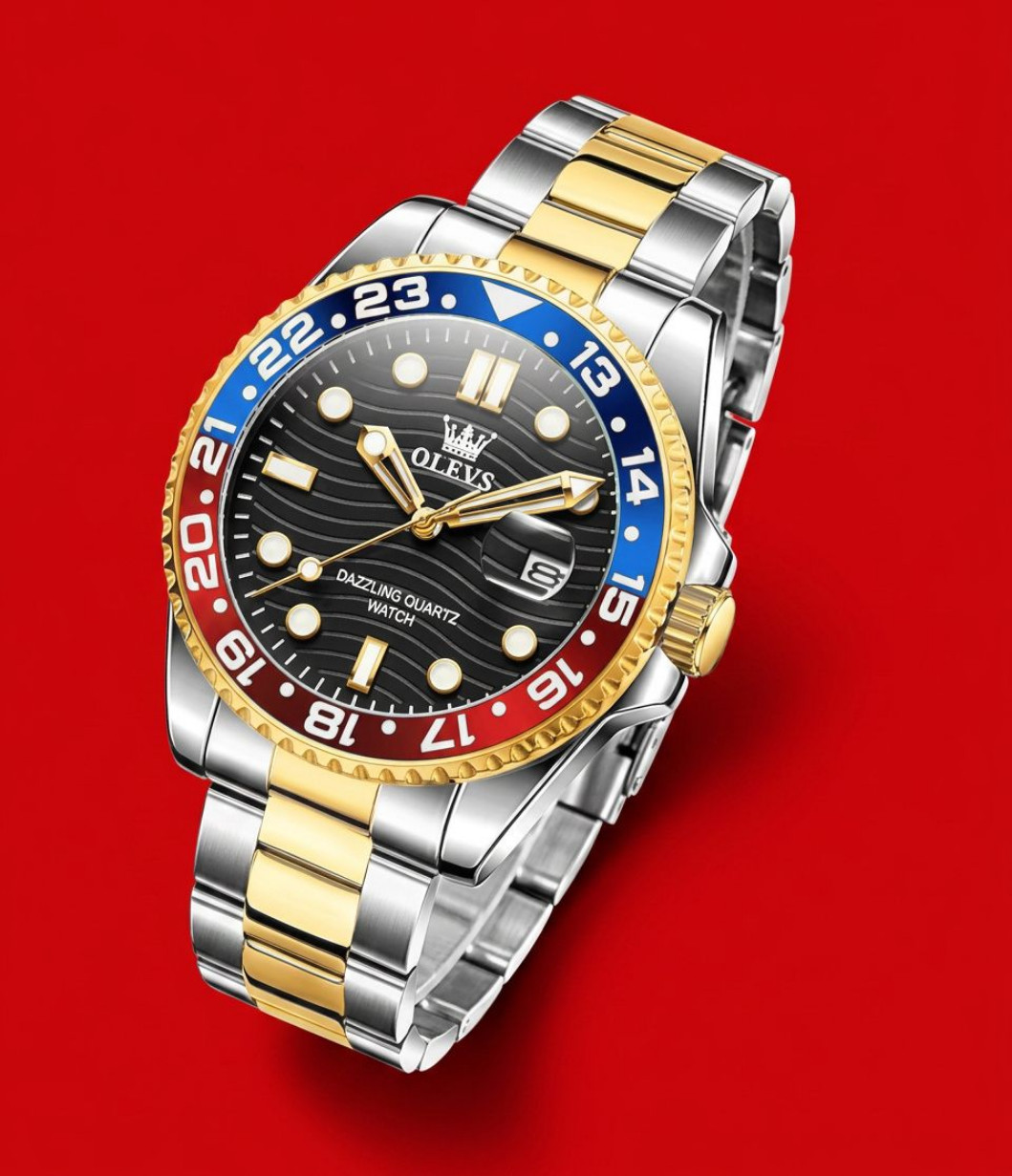 Men’s Waterproof Diver Quartz Silver Bracelet Watch Black Dial Pepsi Bezel Olevs