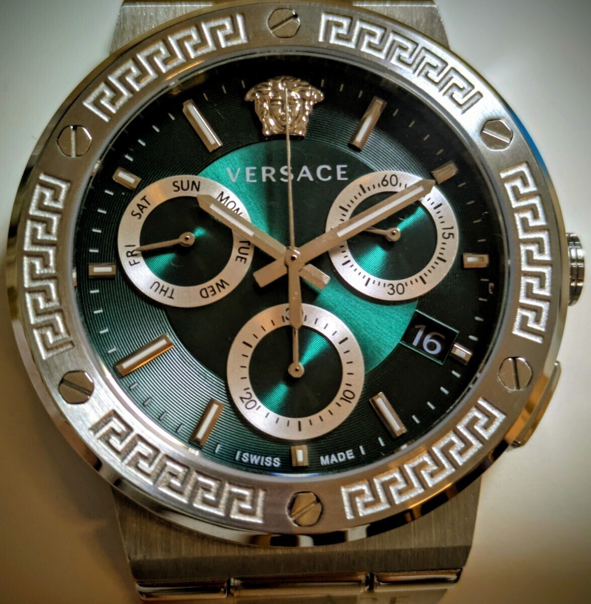 Versace Greca Logo Chrono Men’s Watch VEZ900121 Green & Silver Wristwatch