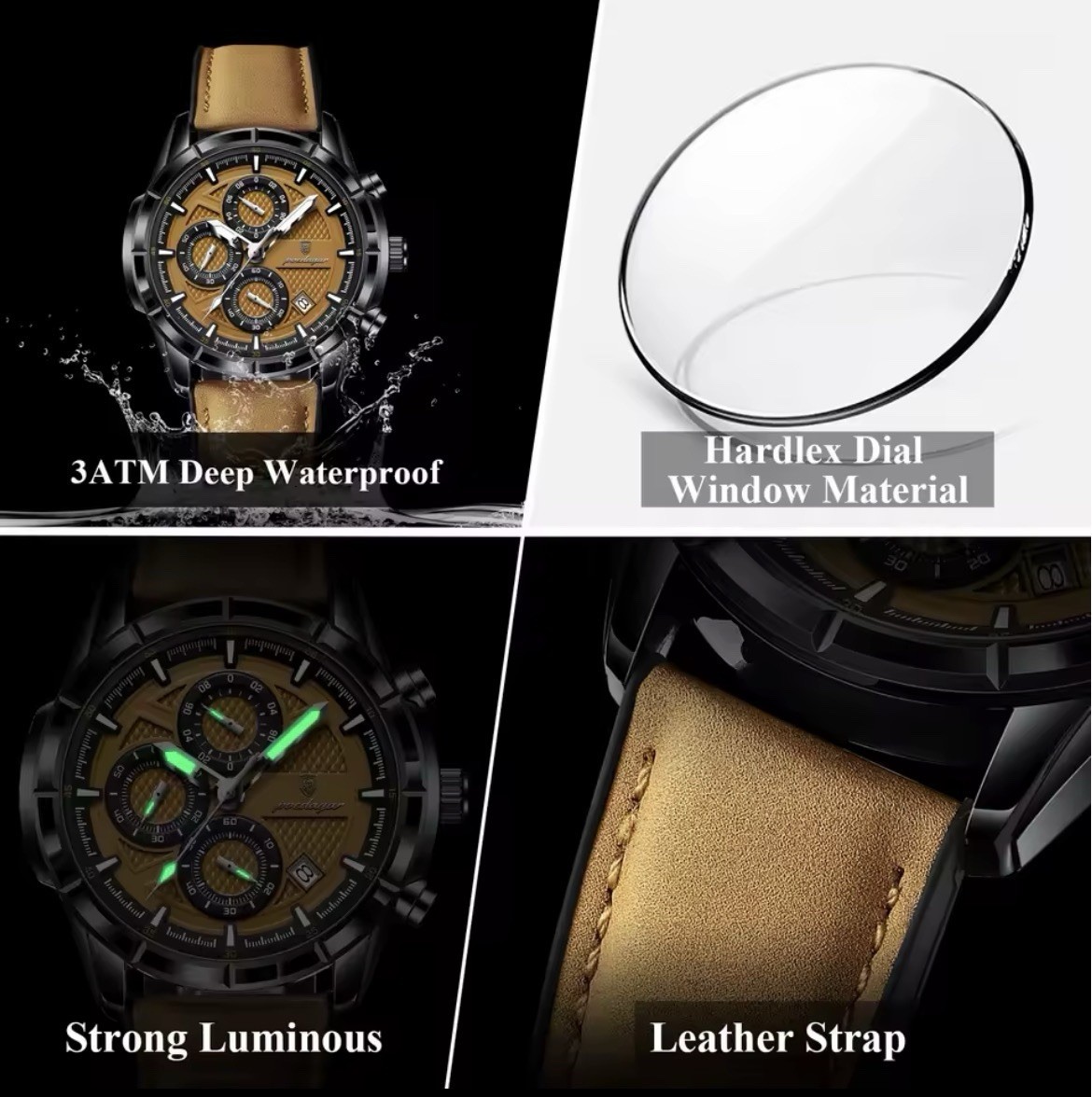 posdaar Men’s Quartz Watch Brown Dial Date Luminous 3ATM Leather Strap 44-47mm