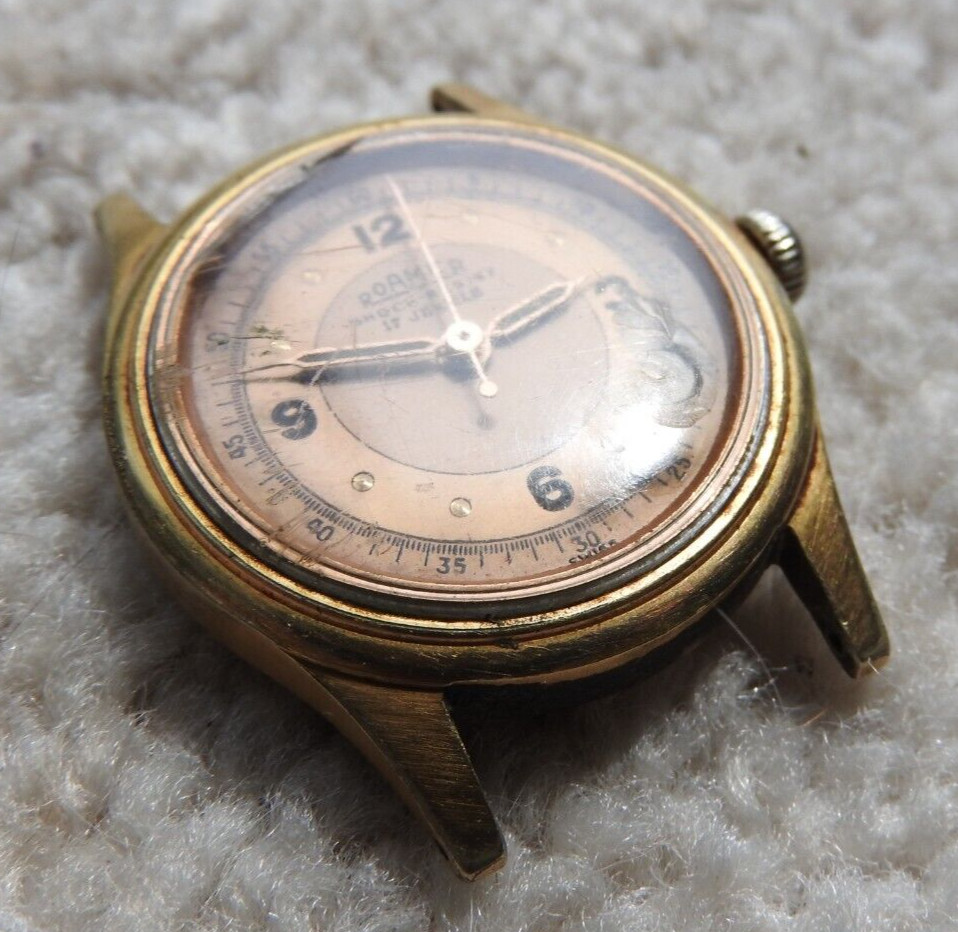 Roamer Brevete Military Watch 17j Gold Face Stainless SteelBack 215999 180459
