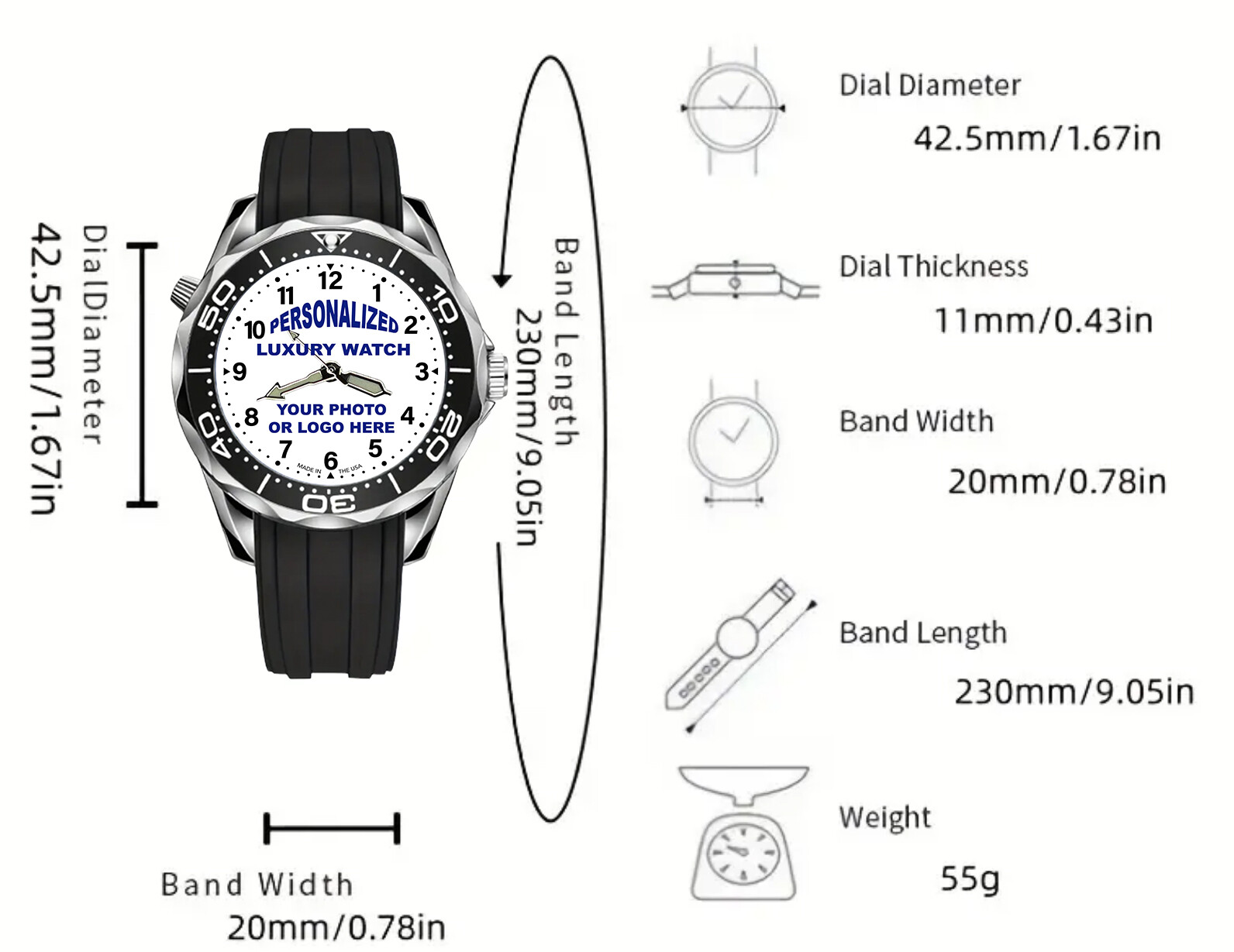 Personalized WATCH custom Logo Pic Photo NEW 42.5mm Silver Black Blue Red Green