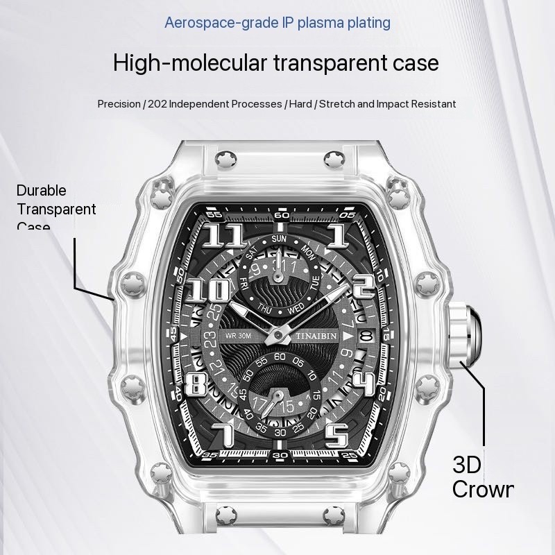 Fashion Luxury Barrel Shape Skeleton Watch Men’s Quartz Sport Watch Rubber Band