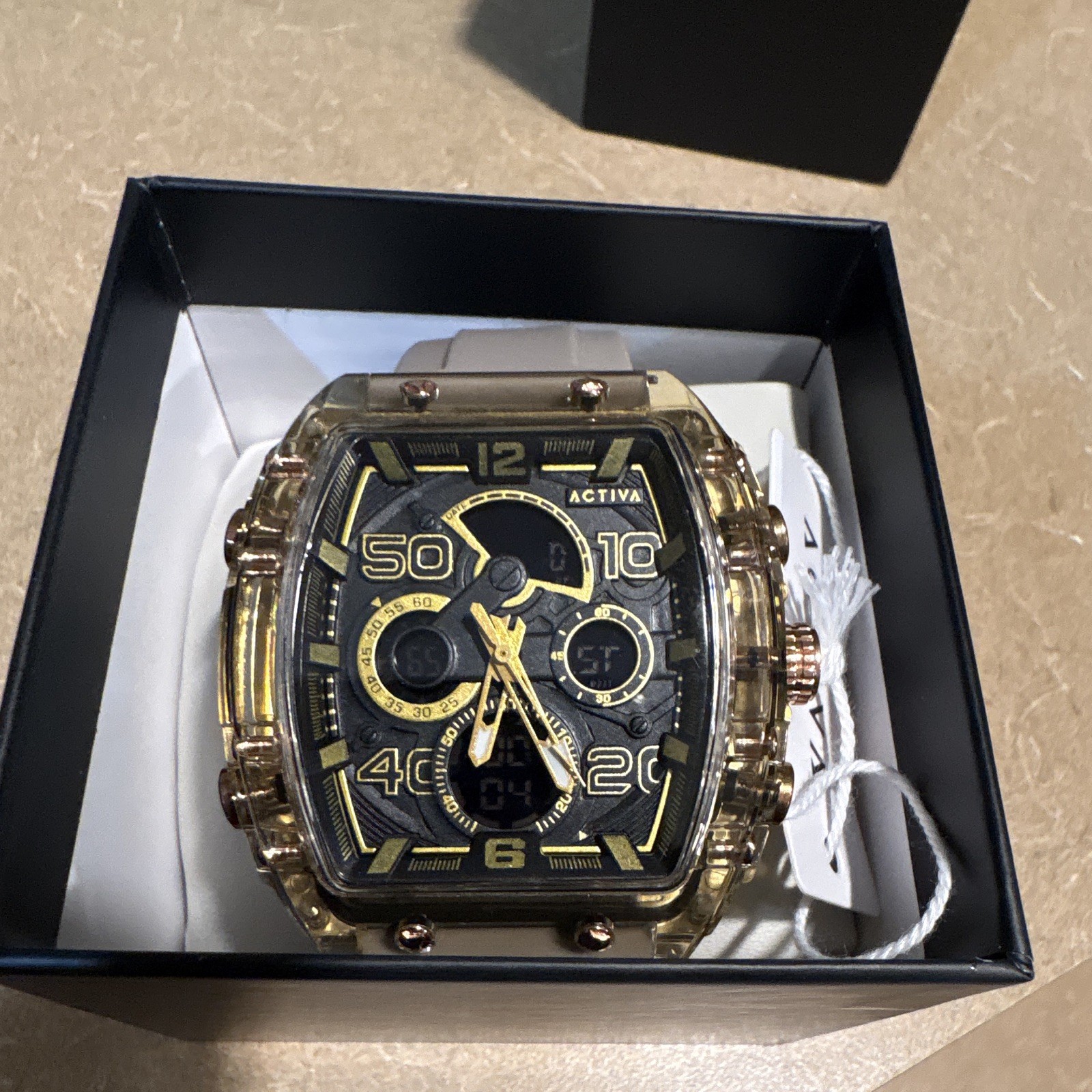 Activa Quartz Analog-Digital 50m Gray Silicone Strap Black/Gold Dial Boxed