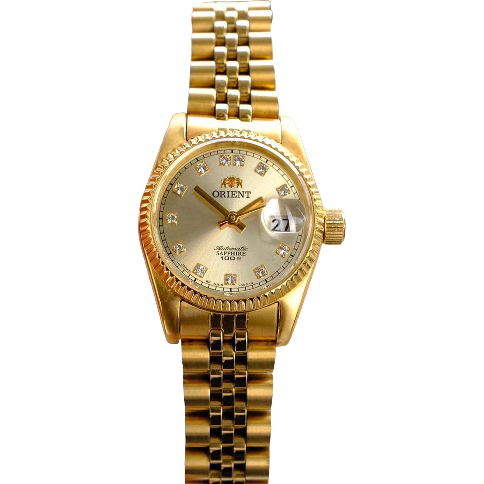 ORIENT President Automatic Ladies Gold Tone Sapphire Watch NR16 Day Date Auth JP