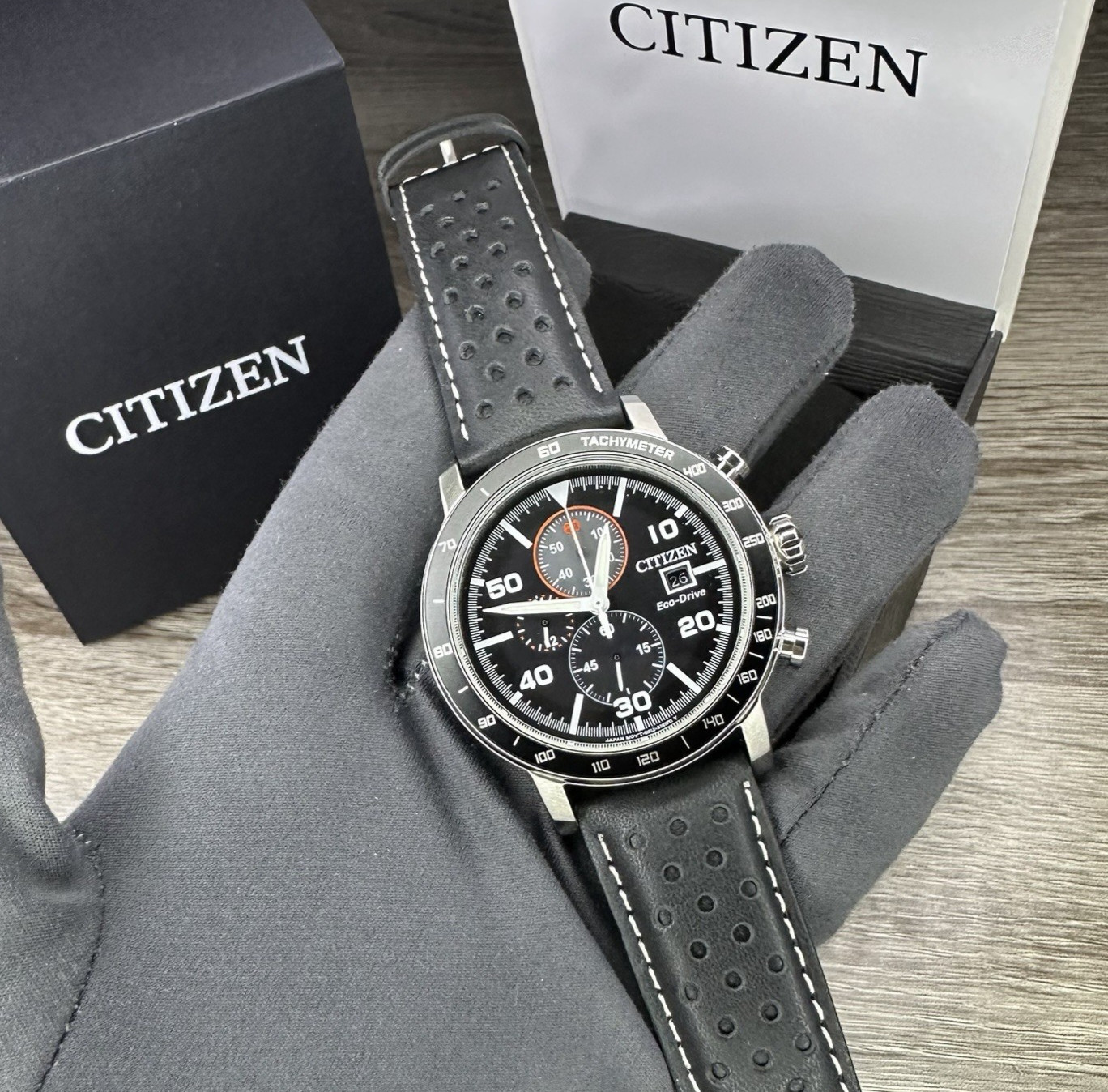 NEW✅TACHYMETER✅ Citizen Eco-Drive Brycen Black Leather Men’s Watch CA0649-14E