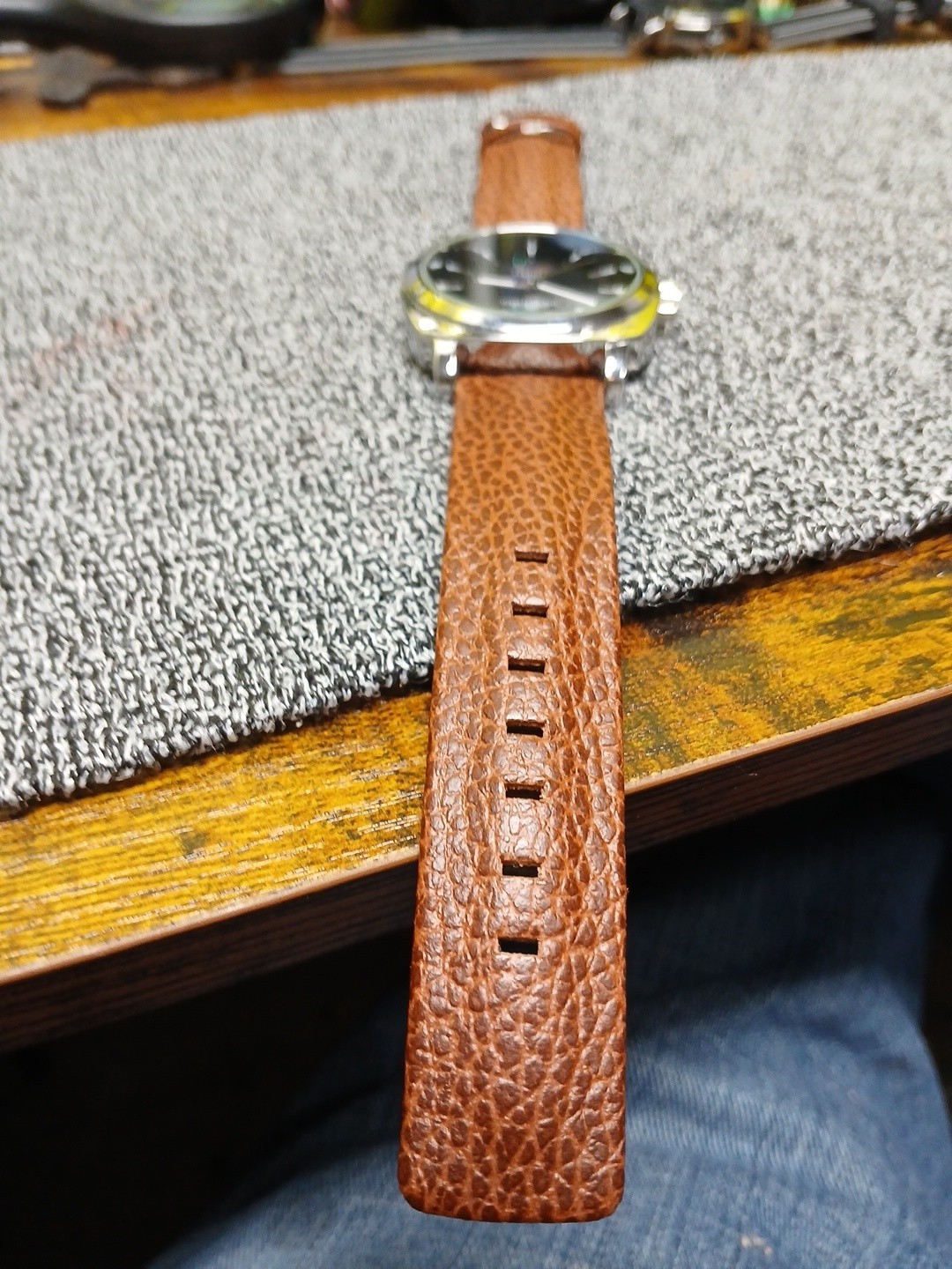 Torodial Flight Offduty Wristwatch. Black Face Sikver Bezel. Ostrich Type Band