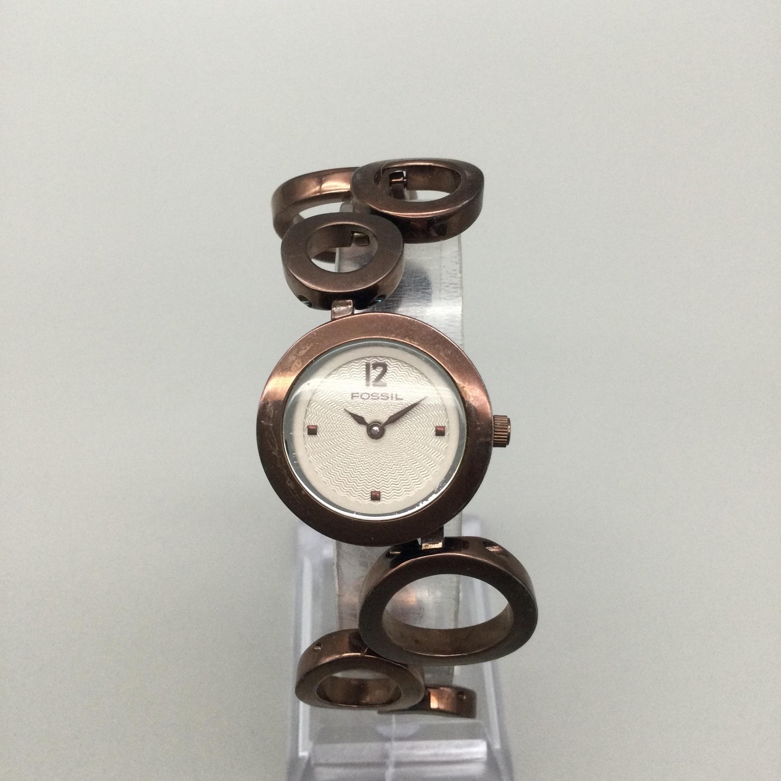 Fossil F2 ES-1816 Womens 25mm Watch White Dial Brown Steel Bracelet New Battery