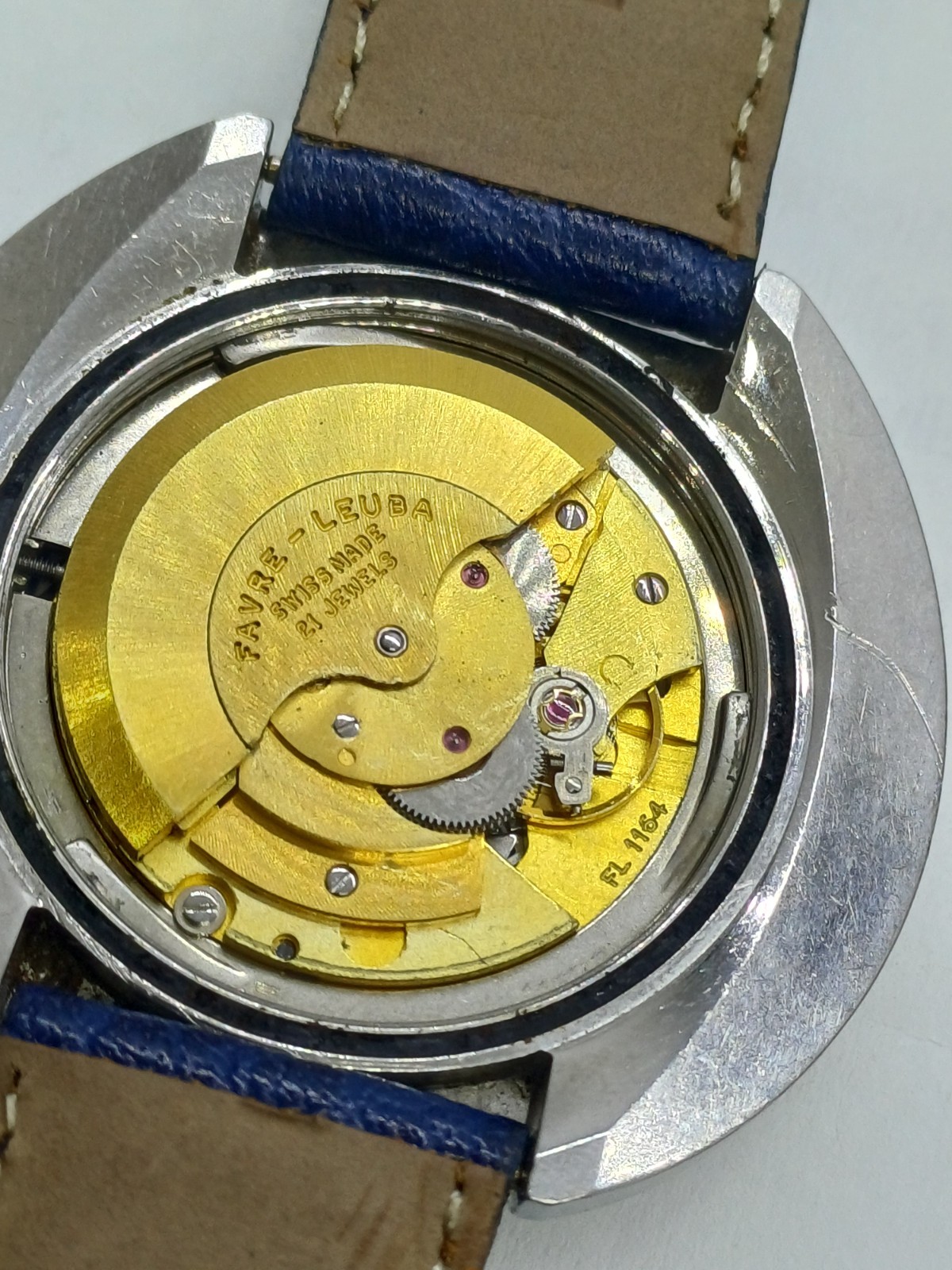 RARE FAVRE LEUBA 36000 HIGH BEAT UFO DUOMATIC MENS BLUE AUTOMATIC WATCH 45MM 21J