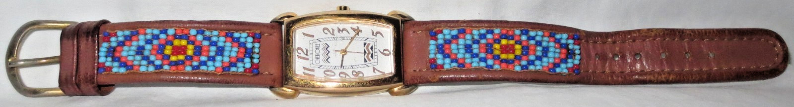 Native American Cherokee Wristwatch Tank Style Aztec Design Dial & Beaded Band