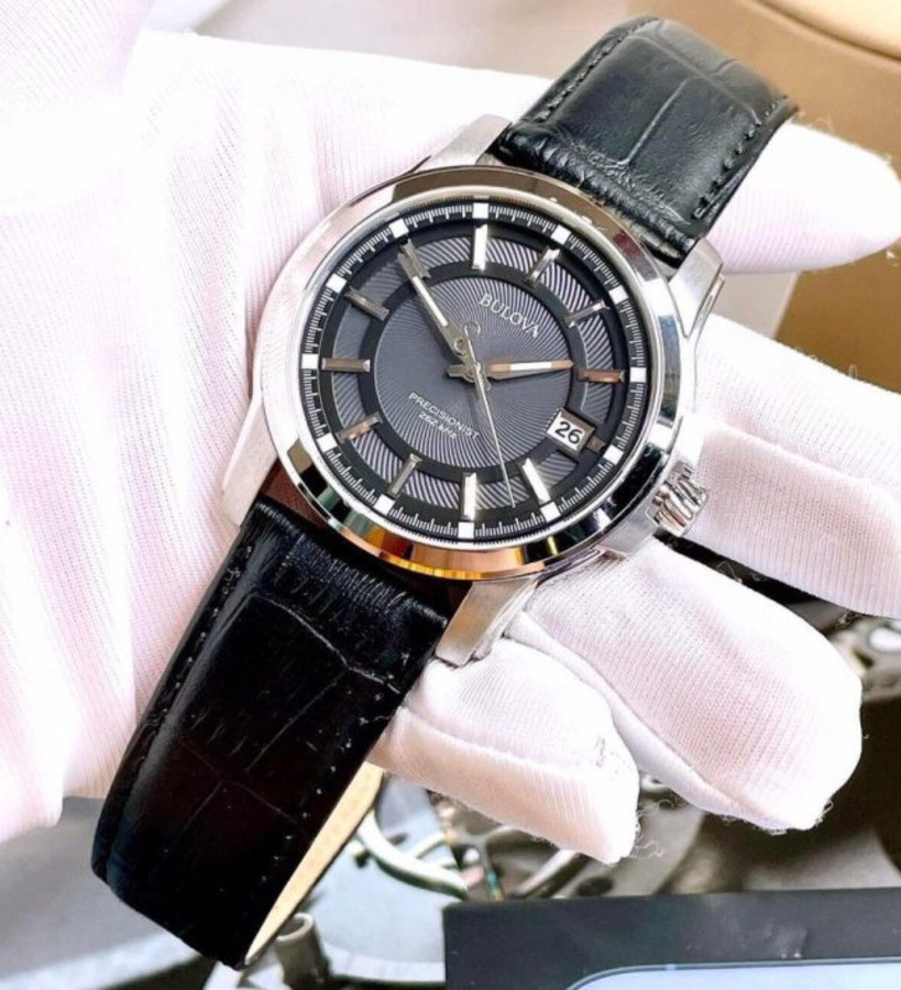 Bulova Gray Dial 96B158 Precisionist Silver Tone Black Leather Band Men’s Watch