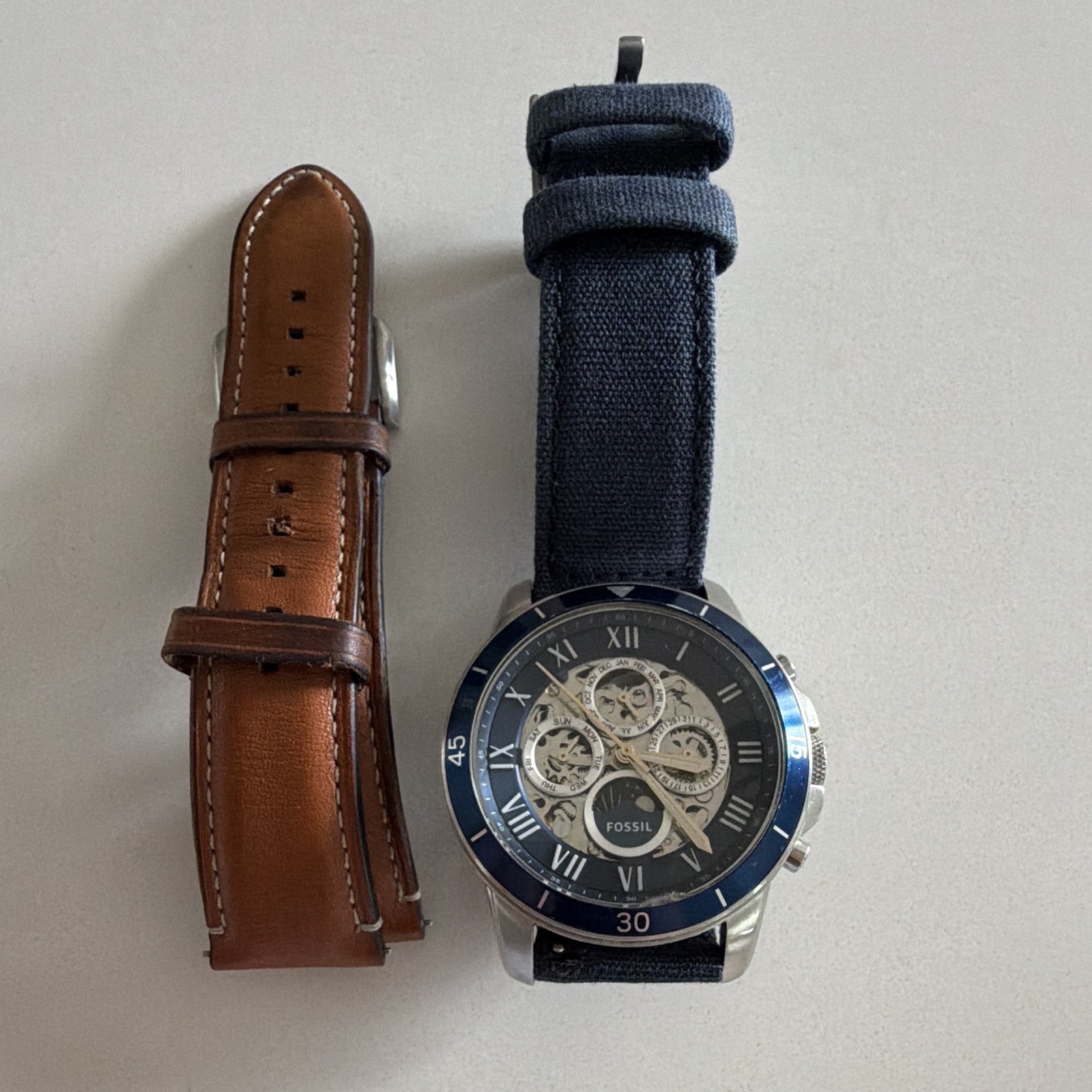 Fossil Men’s Automatic ME3140 Annual Calendar with Blue Cloth and Leather Strap