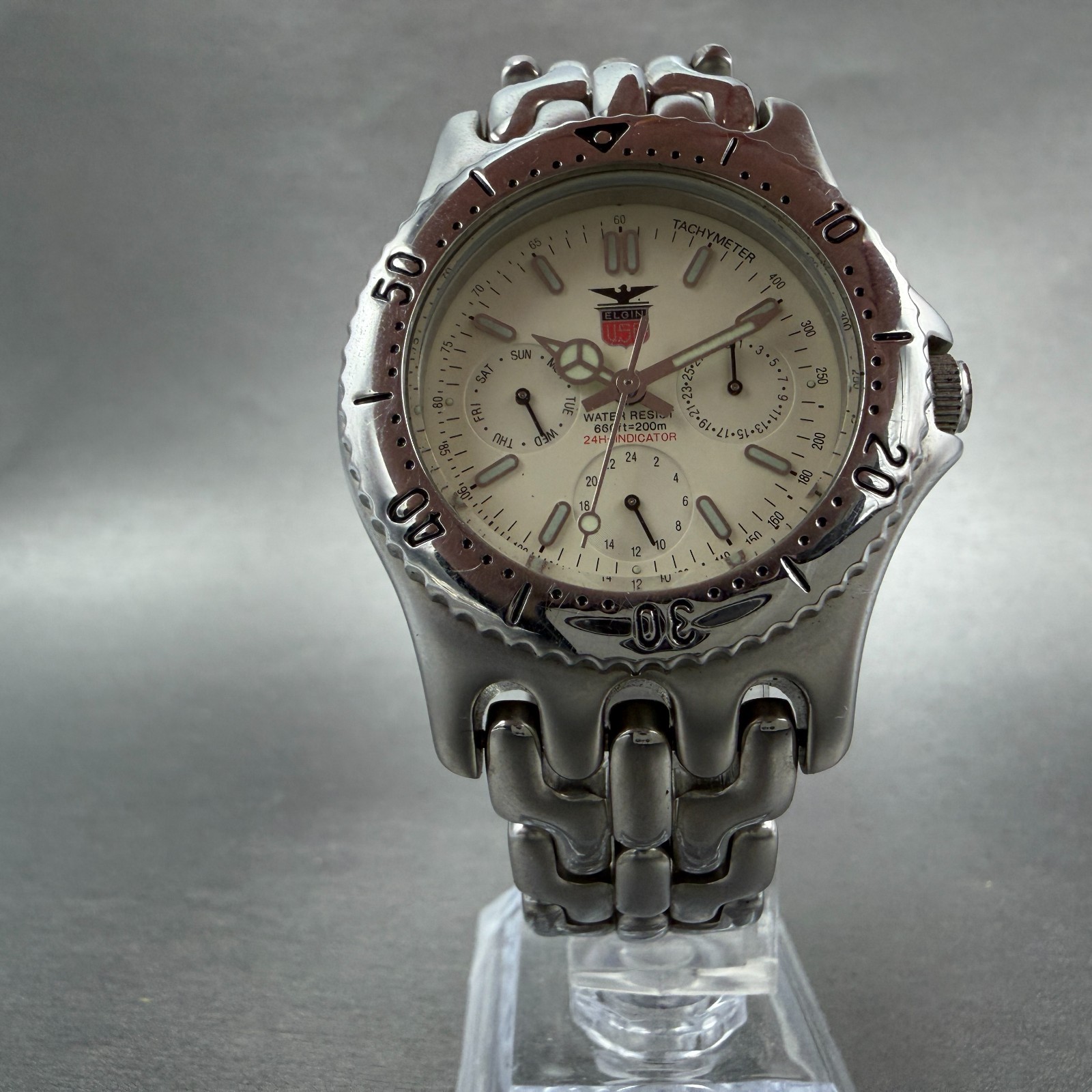 Elgin Watch Men 37mm Cream Dial Silver Tone Round Daydate FK-553 New Battery