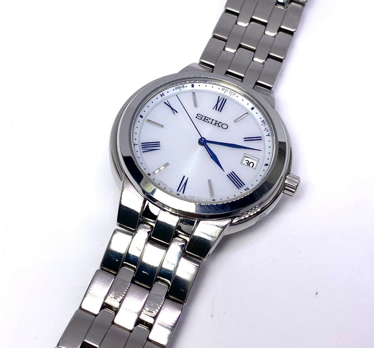 SEIKO Radio Solar Men s Wristwatch JIS Class 1 Magnetic Resistance White Dial Bl