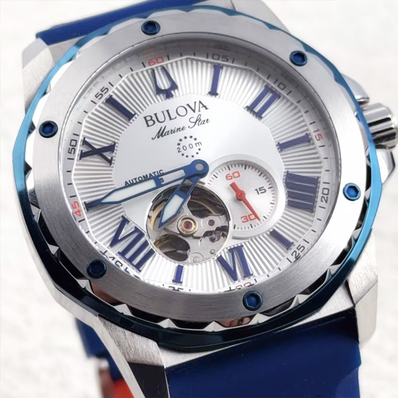 Bulova 98A225 Marine Star A Men’s Automatic Watch White Dial Blue Strap 45mm